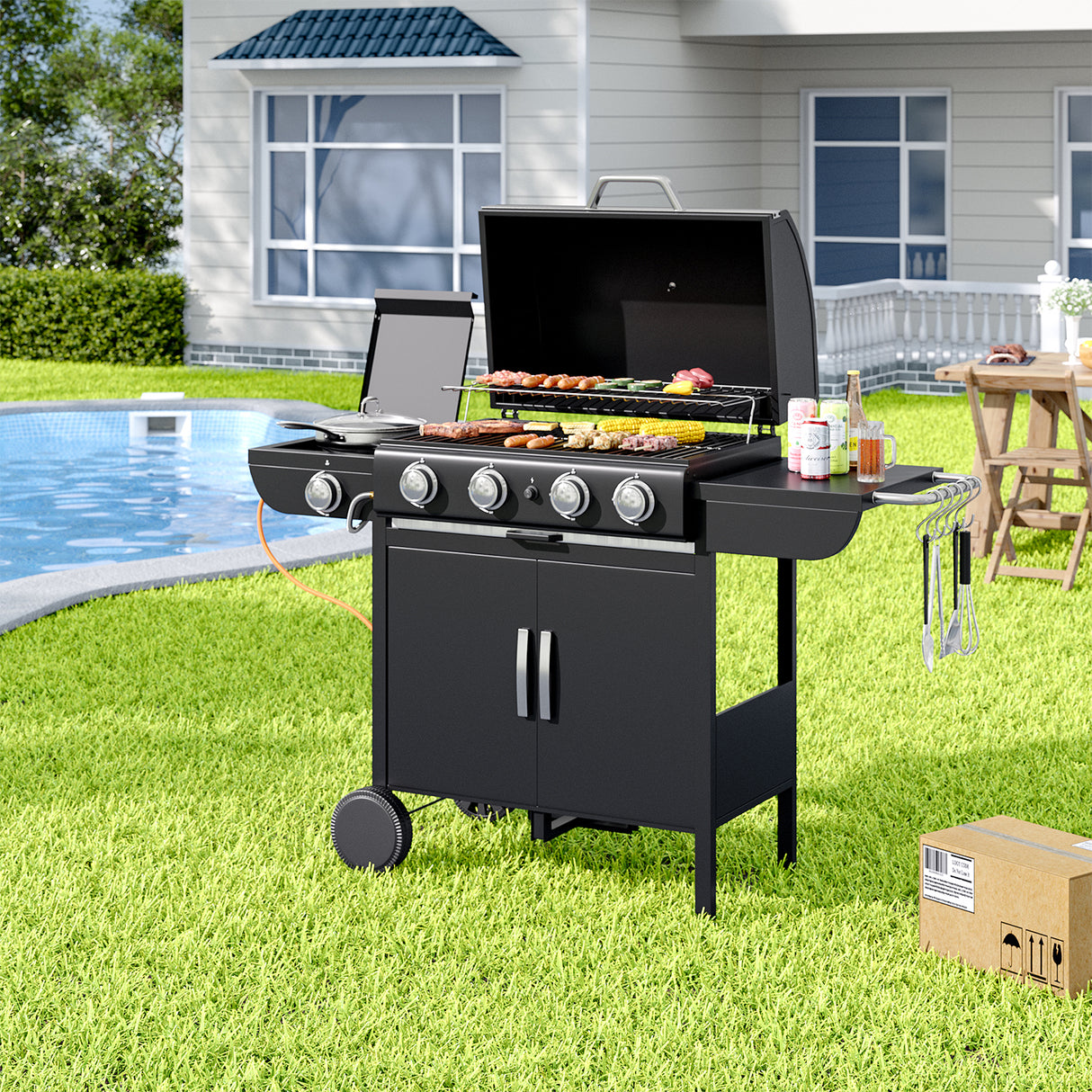 5-Burner Outdoor Gas Barbecue Grill with BBQ Seasoning Table