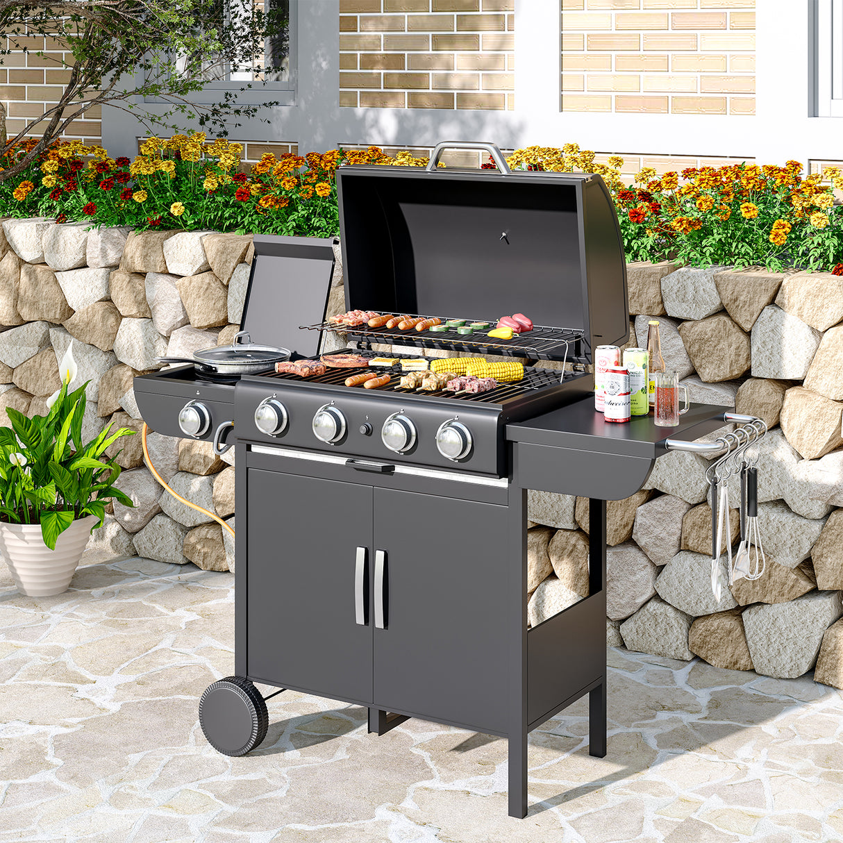 5-Burner Outdoor Gas Barbecue Grill with BBQ Seasoning Table