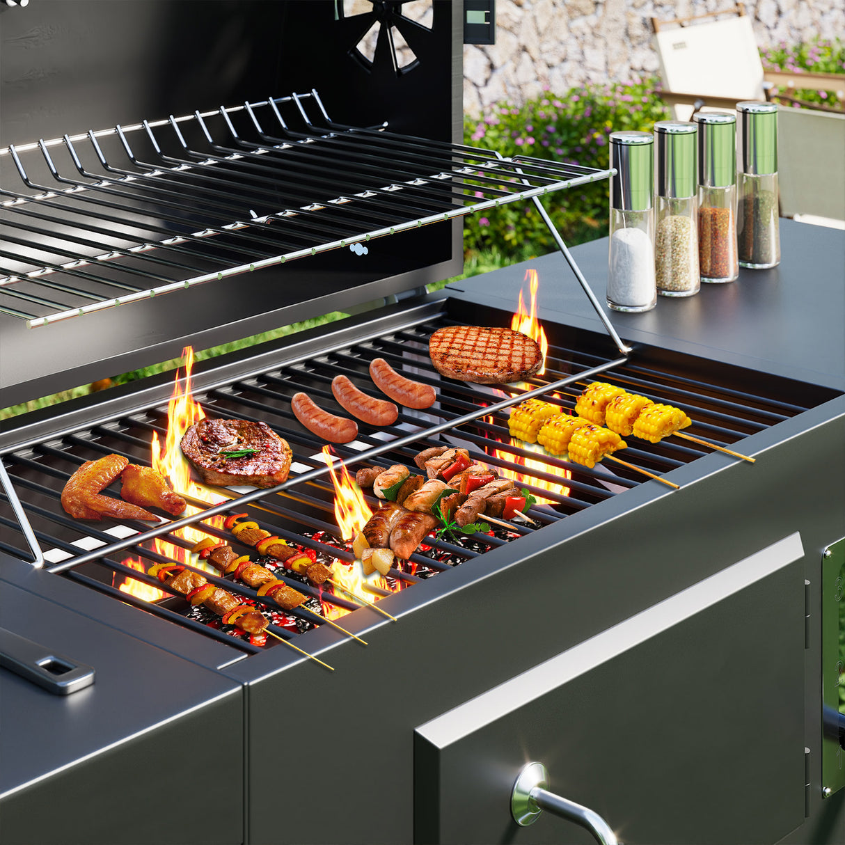 Premium Outdoor Charcoal BBQ Grill with Side Tables