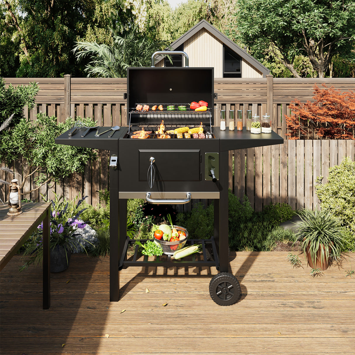 Premium Outdoor Charcoal BBQ Grill with Side Tables