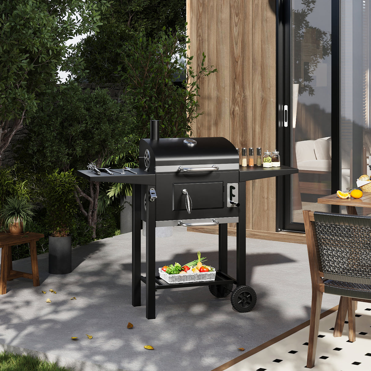 Outdoor Carbon Steel Charcoal BBQ Grill with Chimney