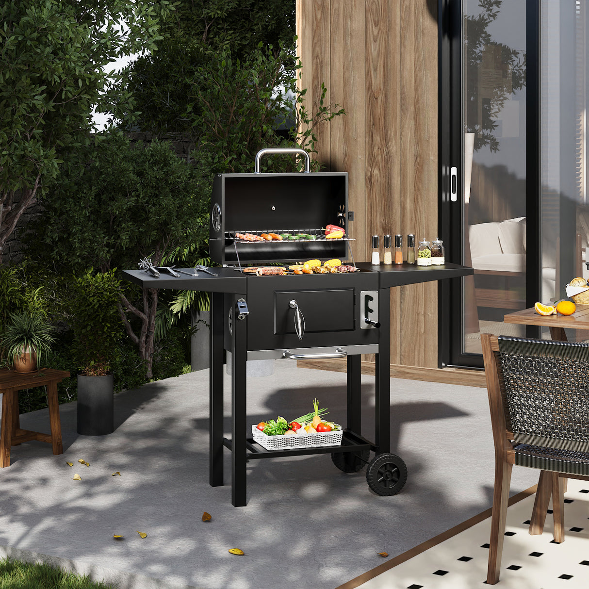 Outdoor Carbon Steel Charcoal BBQ Grill with Chimney