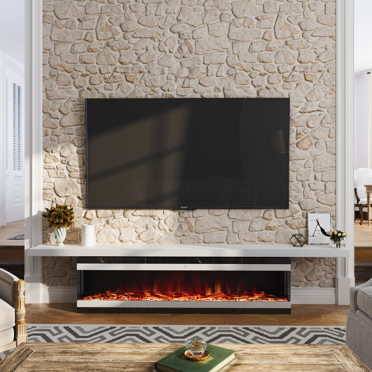 42/48/56/72inch 3-Sided Black/White Electric Fireplace with Remote Control, WiFi Function, Adjustable LED Flames and Heating Modes