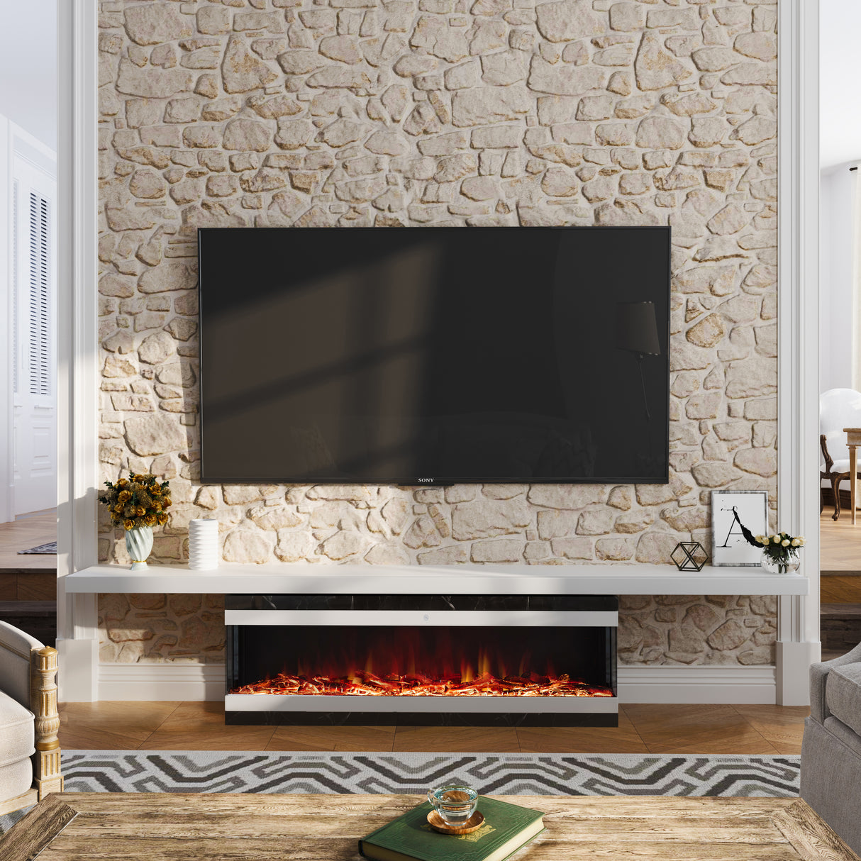 42/48/56/72inch 3-Sided Black/White Electric Fireplace with Remote Control, WiFi Function, Adjustable LED Flames and Heating Modes
