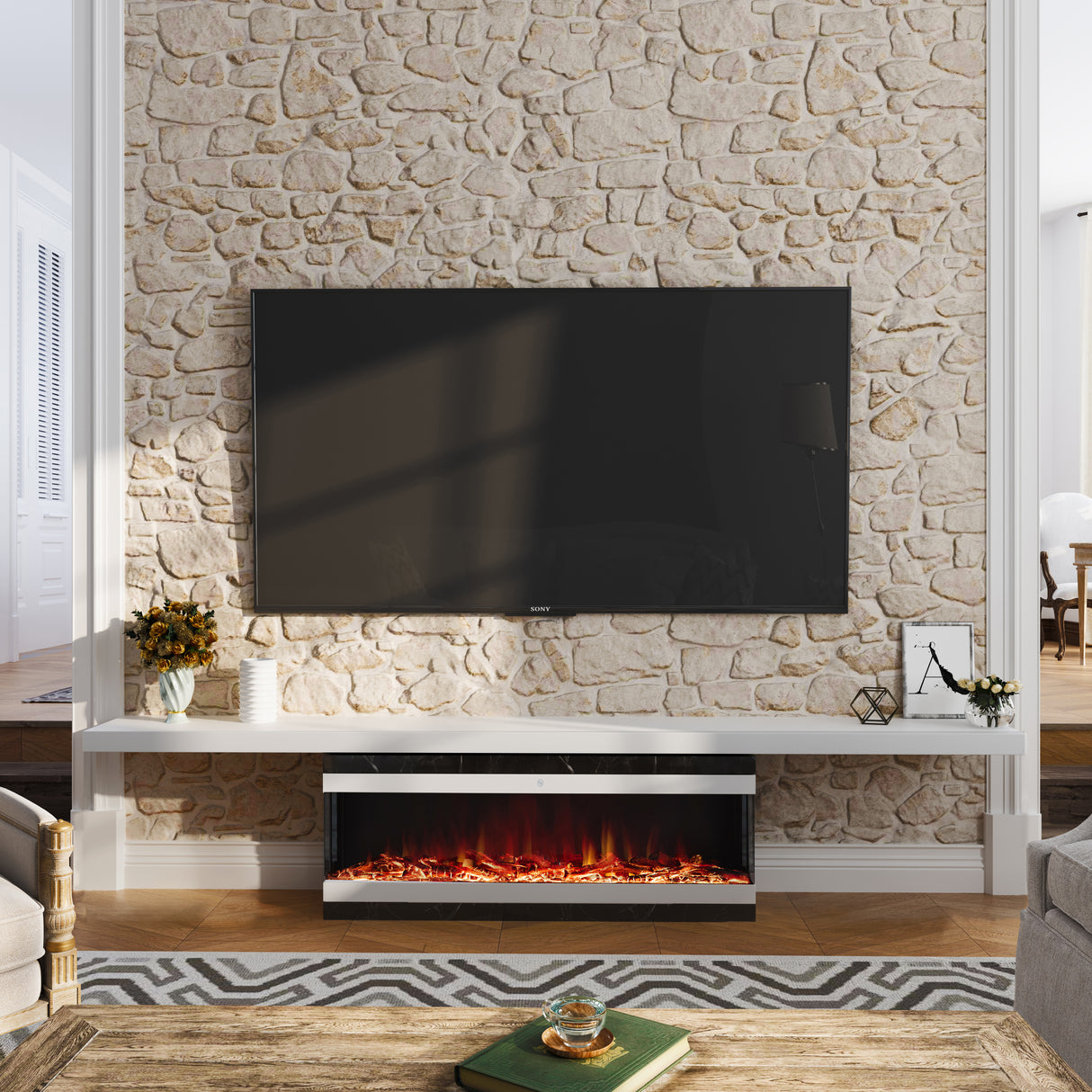 42/48/56/72inch 3-Sided Black/White Electric Fireplace with Remote Control, WiFi Function, Adjustable LED Flames and Heating Modes