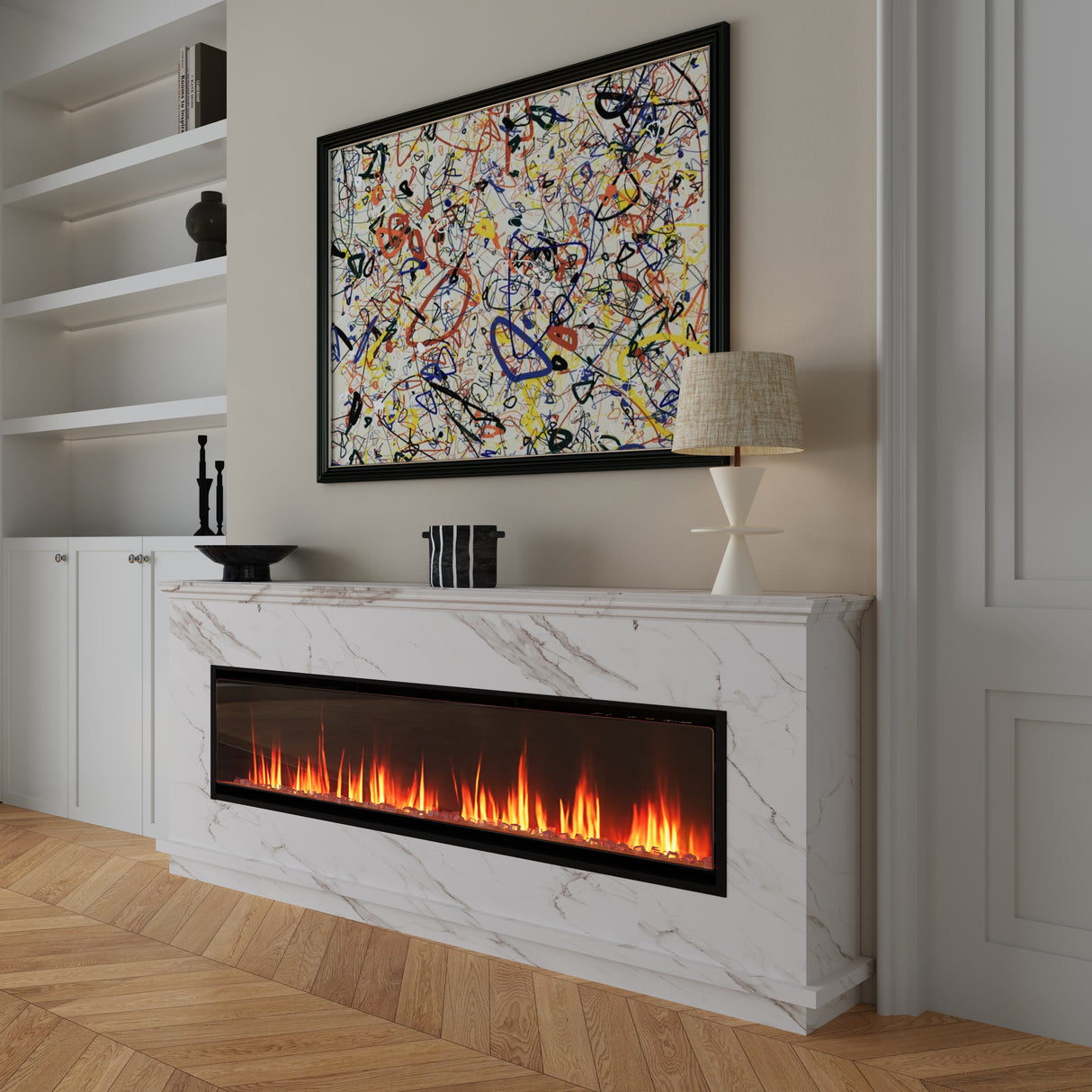 40/50/60inch Black Wall Mounted & Recessed Electric Fireplace with Adjustable Flame & Brightness
