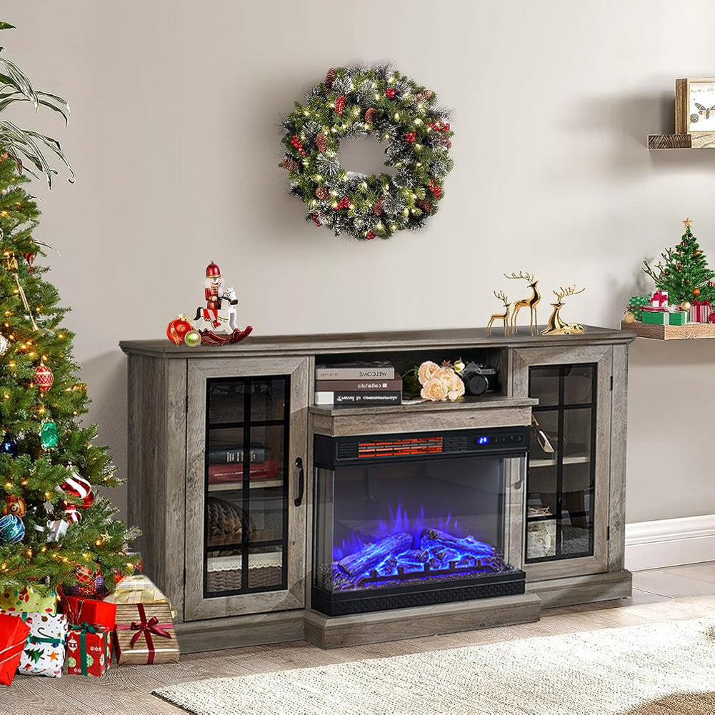Panoramic Glass Fireplace TV Stand with Storage Cabinets, Customizable Flames & Remote Control