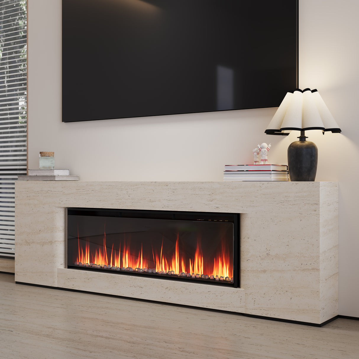 40/50/60inch Black Wall Mounted & Recessed Electric Fireplace with Adjustable Flame & Brightness