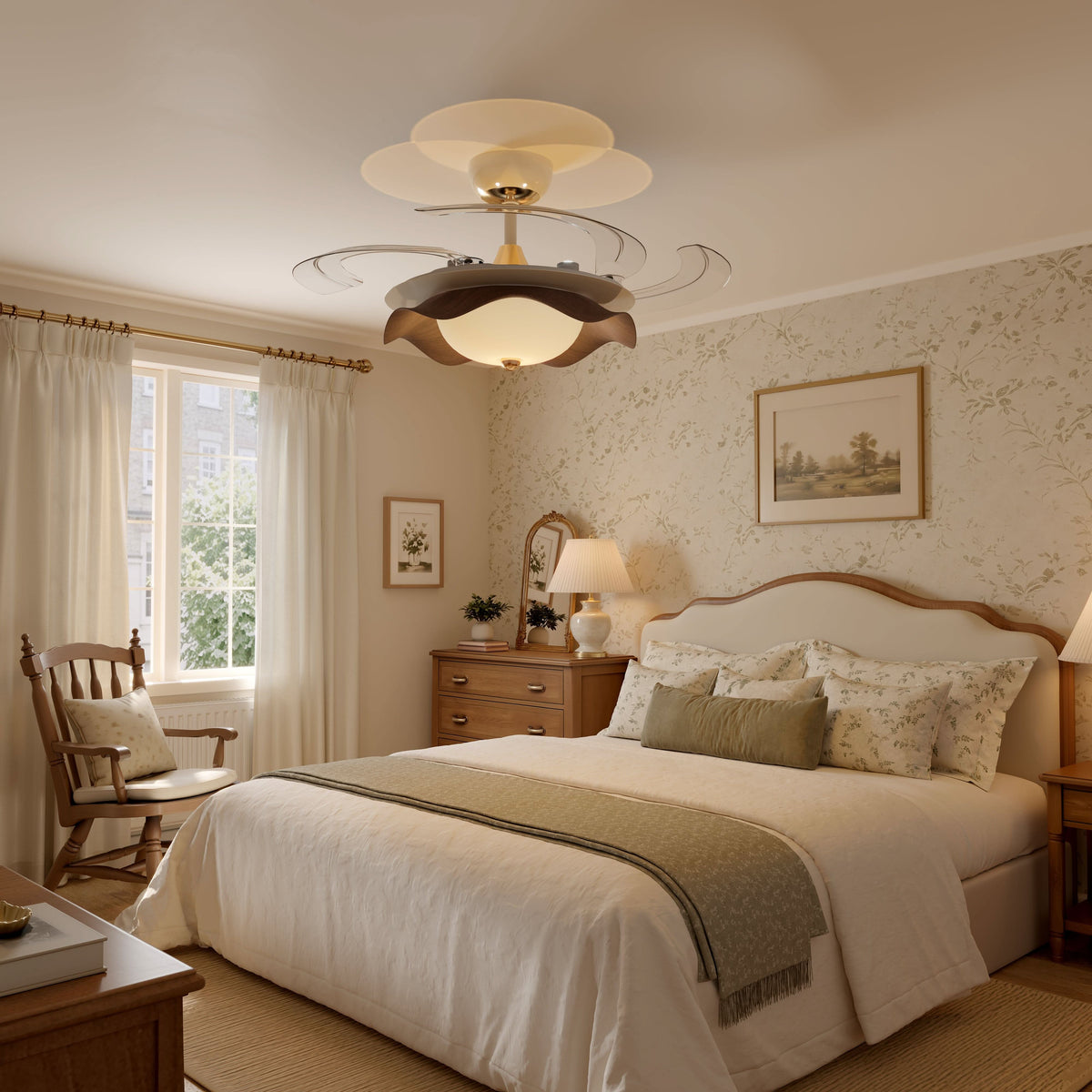 42 inch reversible ceiling fan with LED light shown from below with LED light on