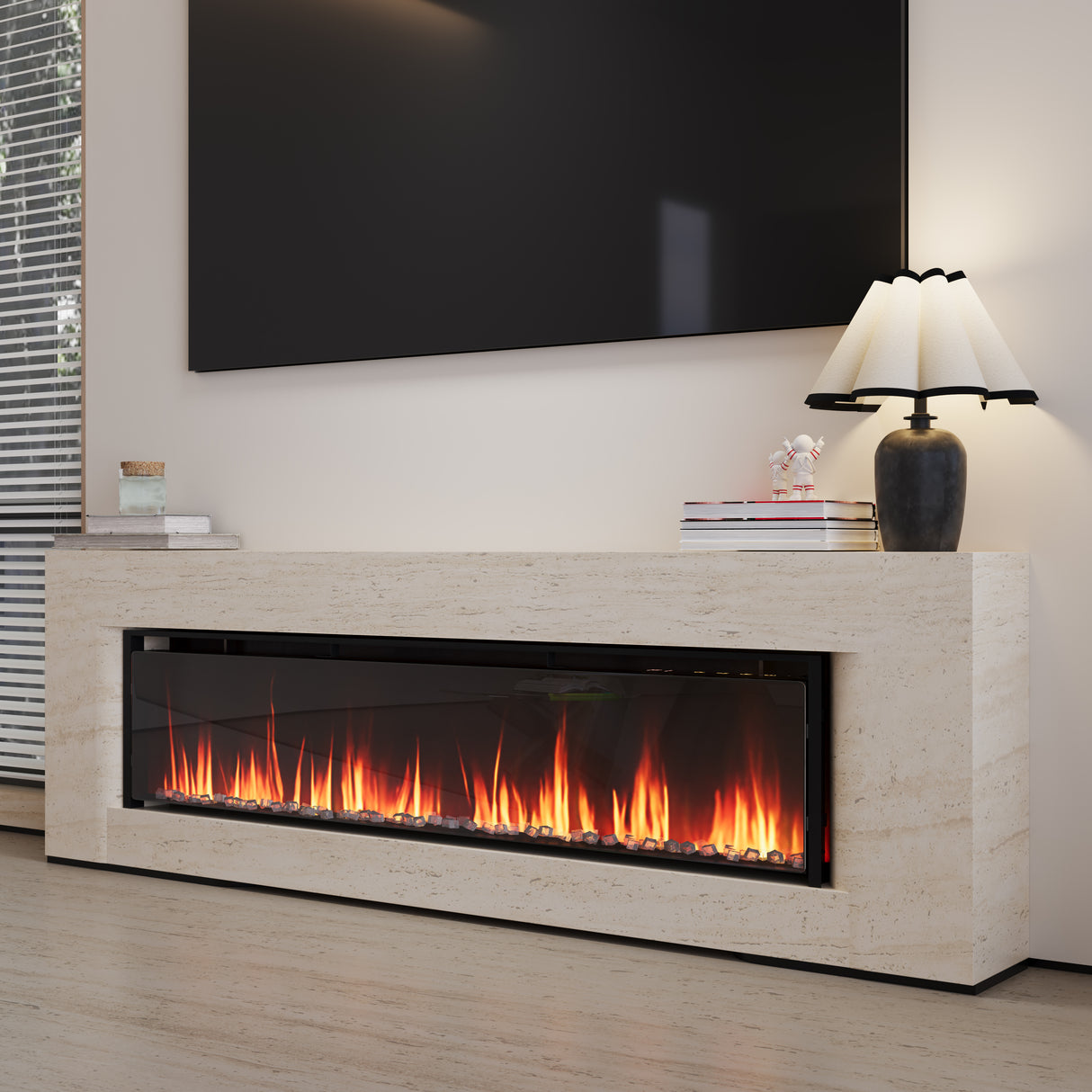40/50/60inch Black Wall Mounted & Recessed Electric Fireplace with Adjustable Flame & Brightness