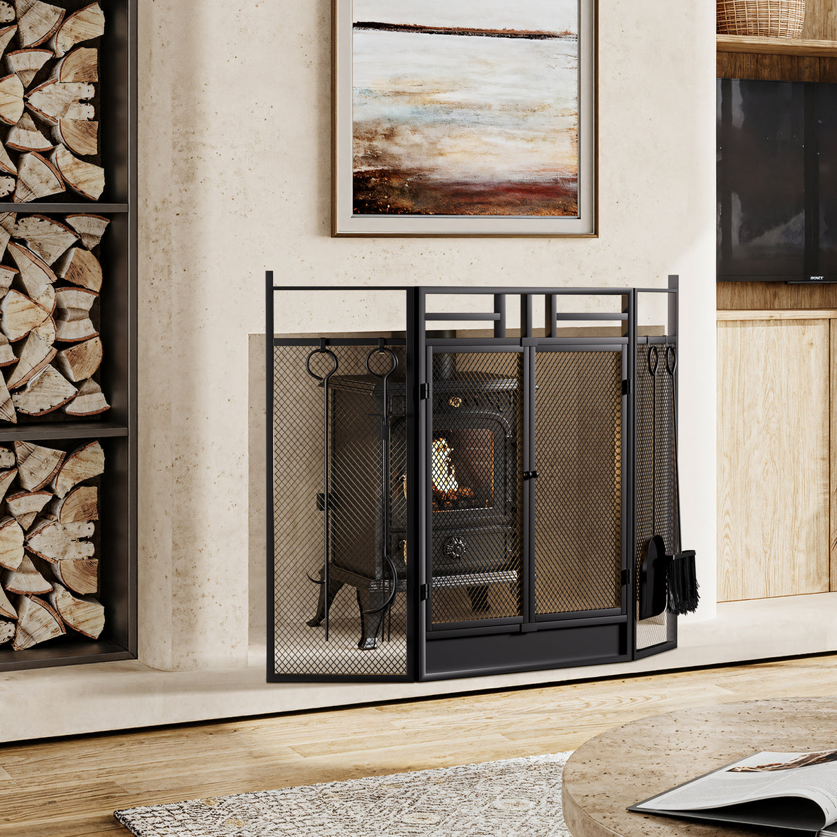 Iron Fireplace Screen with 4-Piece Tool Set Black Powder Coated – 122x1.3x80cm