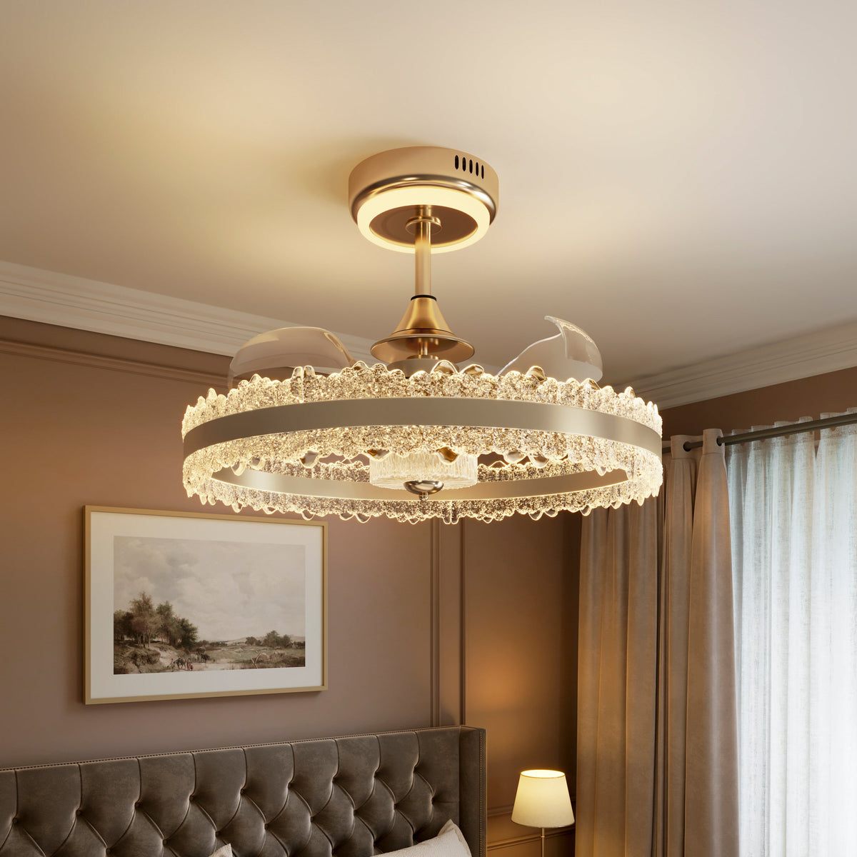 Modern Gold Halo Ceiling Fan Light with Remote, 6 Speeds & 3 Colour Temperatures