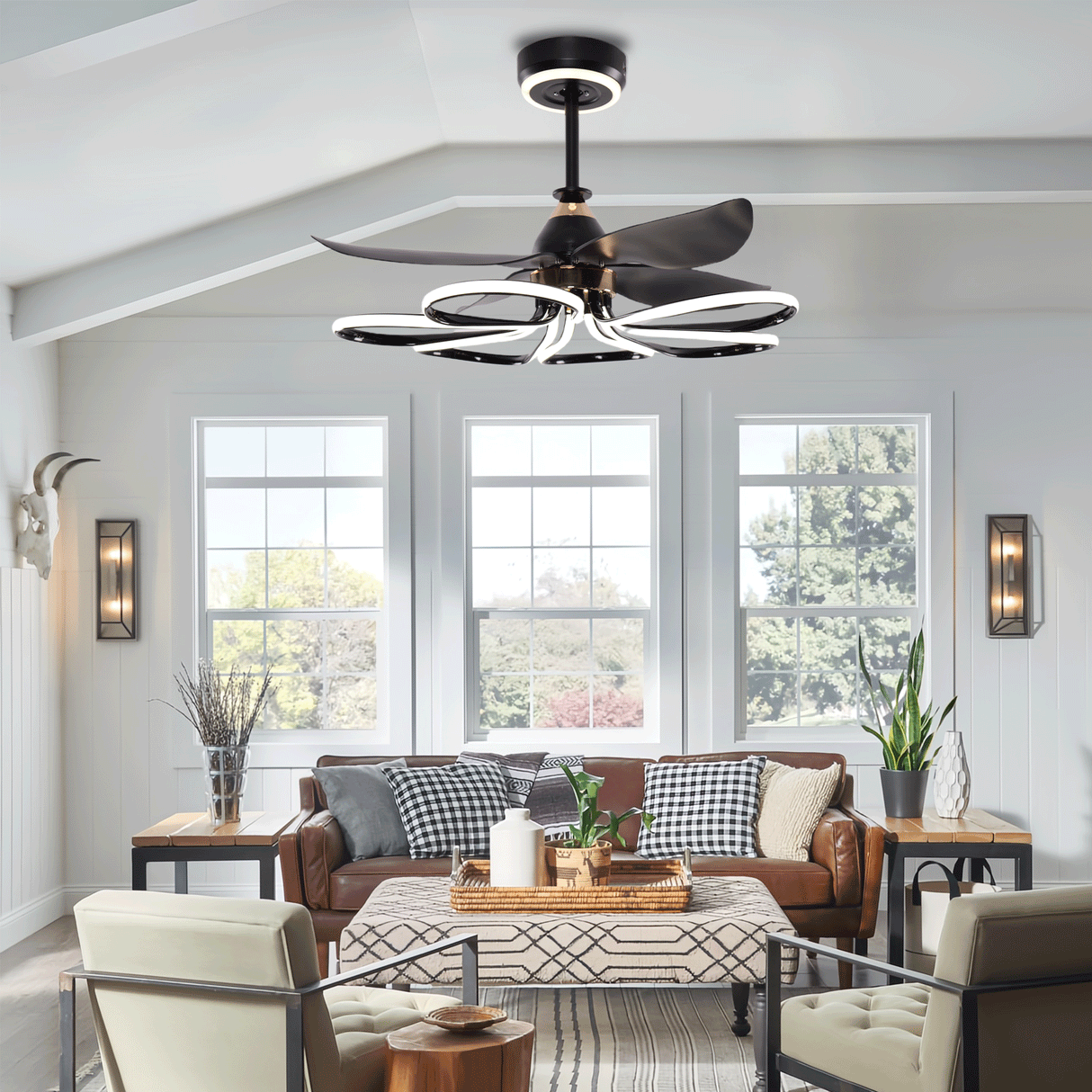Contemporary Aluminum Black Ceiling Fan with Light for Living Rooms