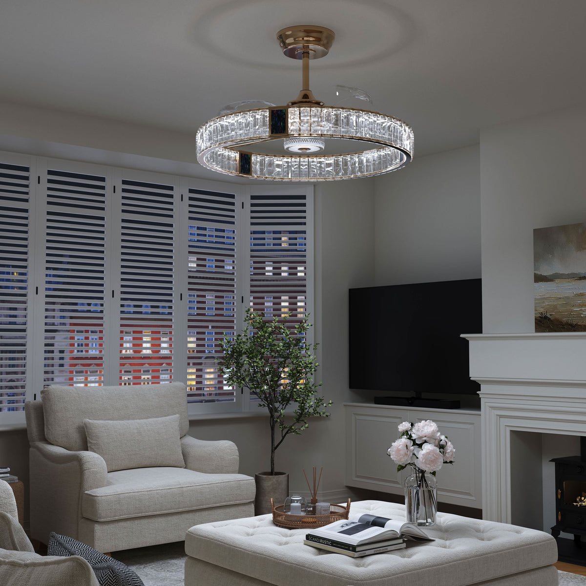 Gold crystal ceiling fan with LED light in a modern living room setting