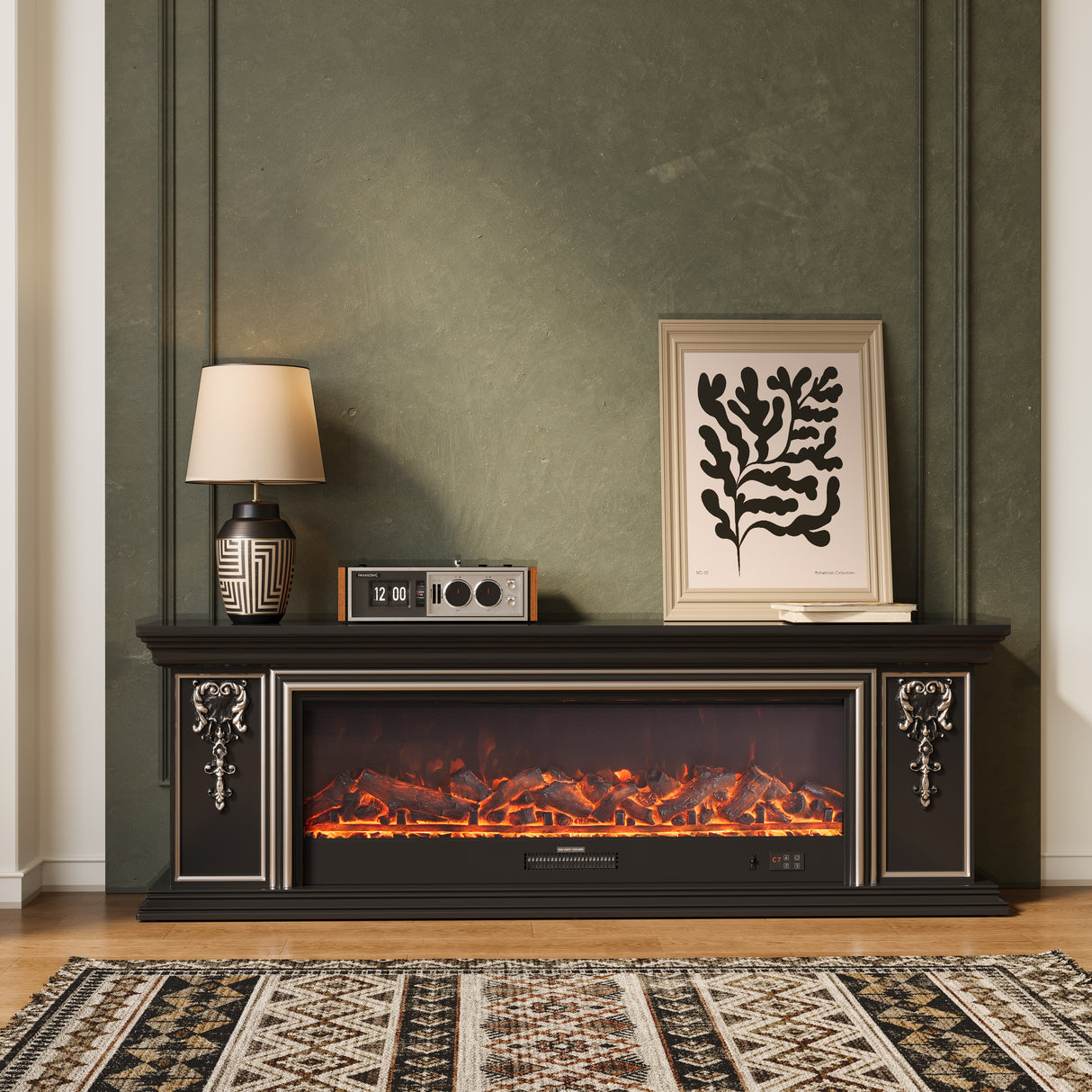 Black Gold Trim TV Cabinet Electric Fireplace with WiFi, APP & Flame Sound