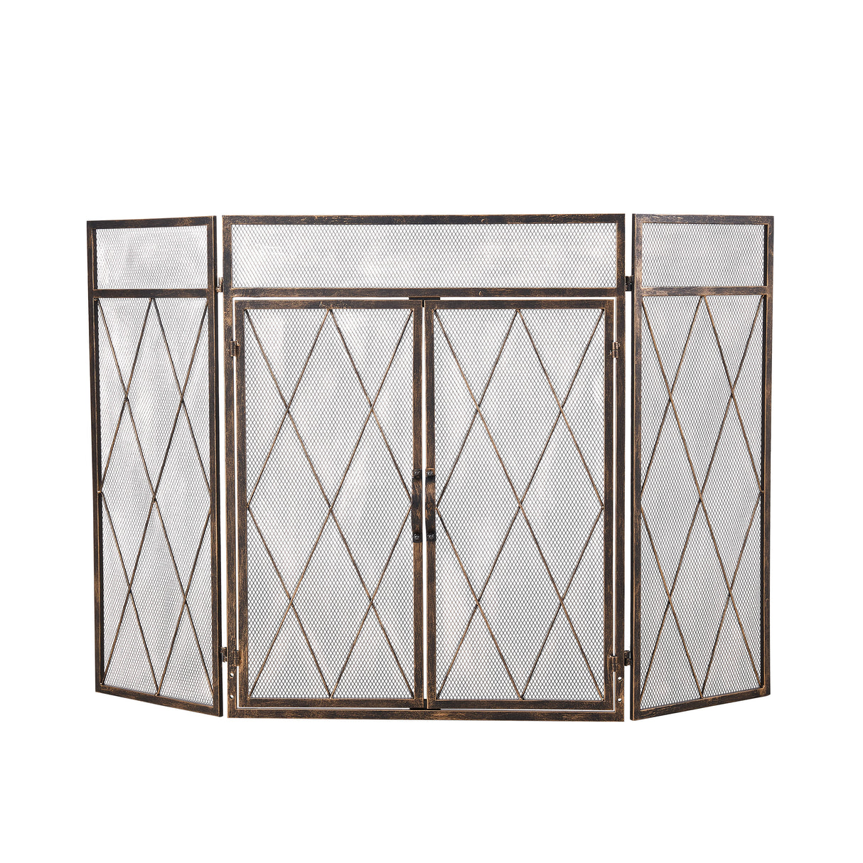 Triple-Fold Iron Fireplace Screen Antique Copper Powder Coated – 127x13x81cm