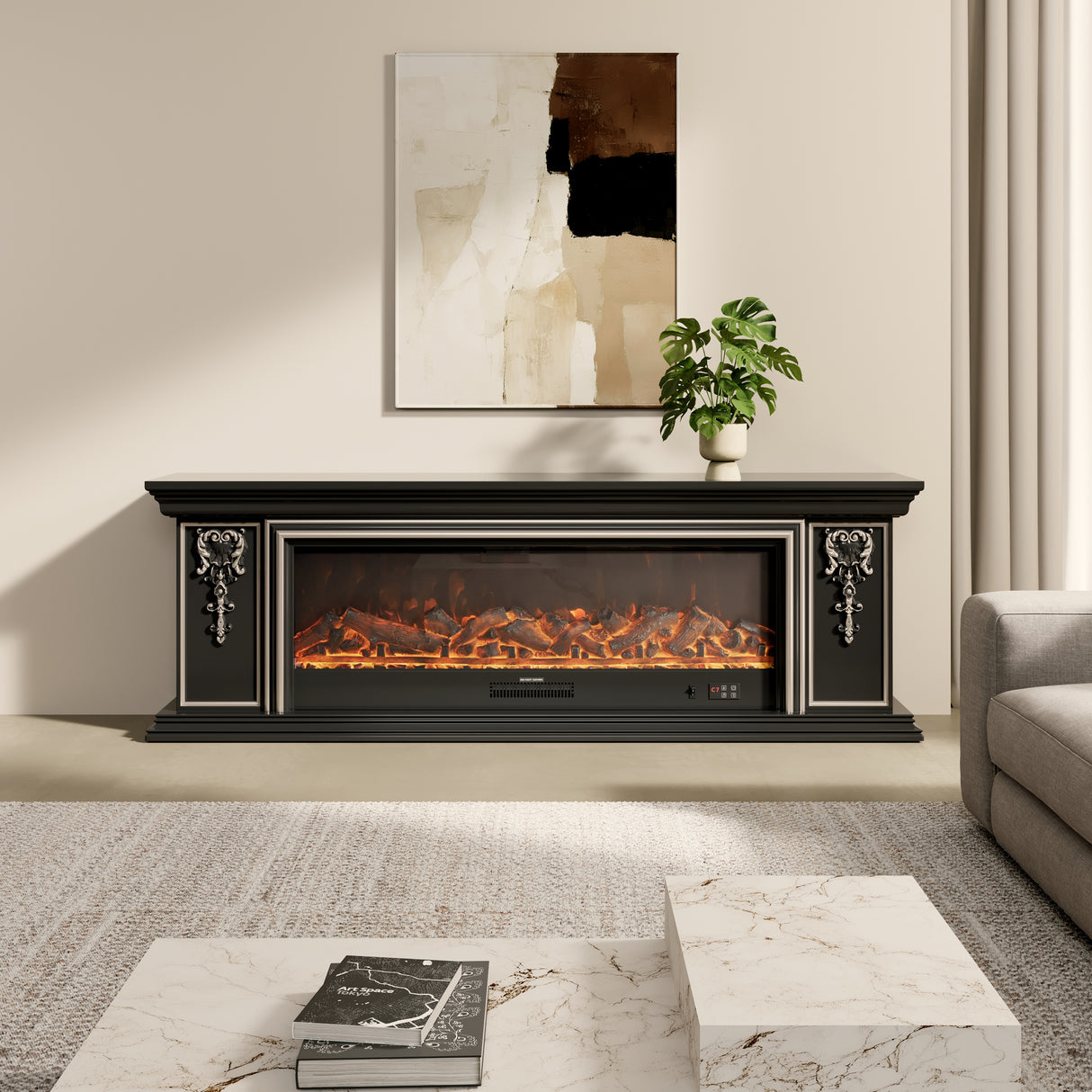Black Gold Trim TV Cabinet Electric Fireplace with WiFi, APP & Flame Sound