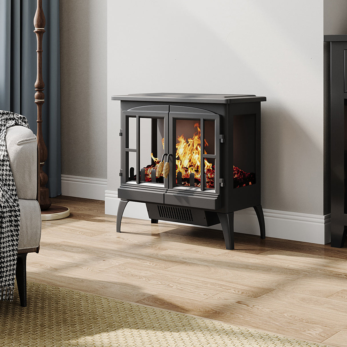 Black Freestanding Electric Fireplace Heater with Adjustable Flame Brightness