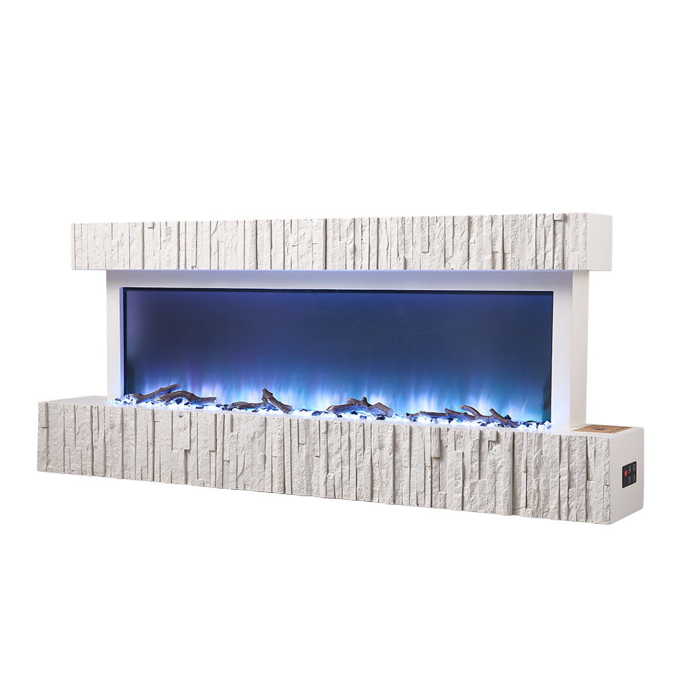 47/59 Inch Wall Mounted Electric Fireplace with Faux Stone Mantel, WiFi, Remote & LED Flames