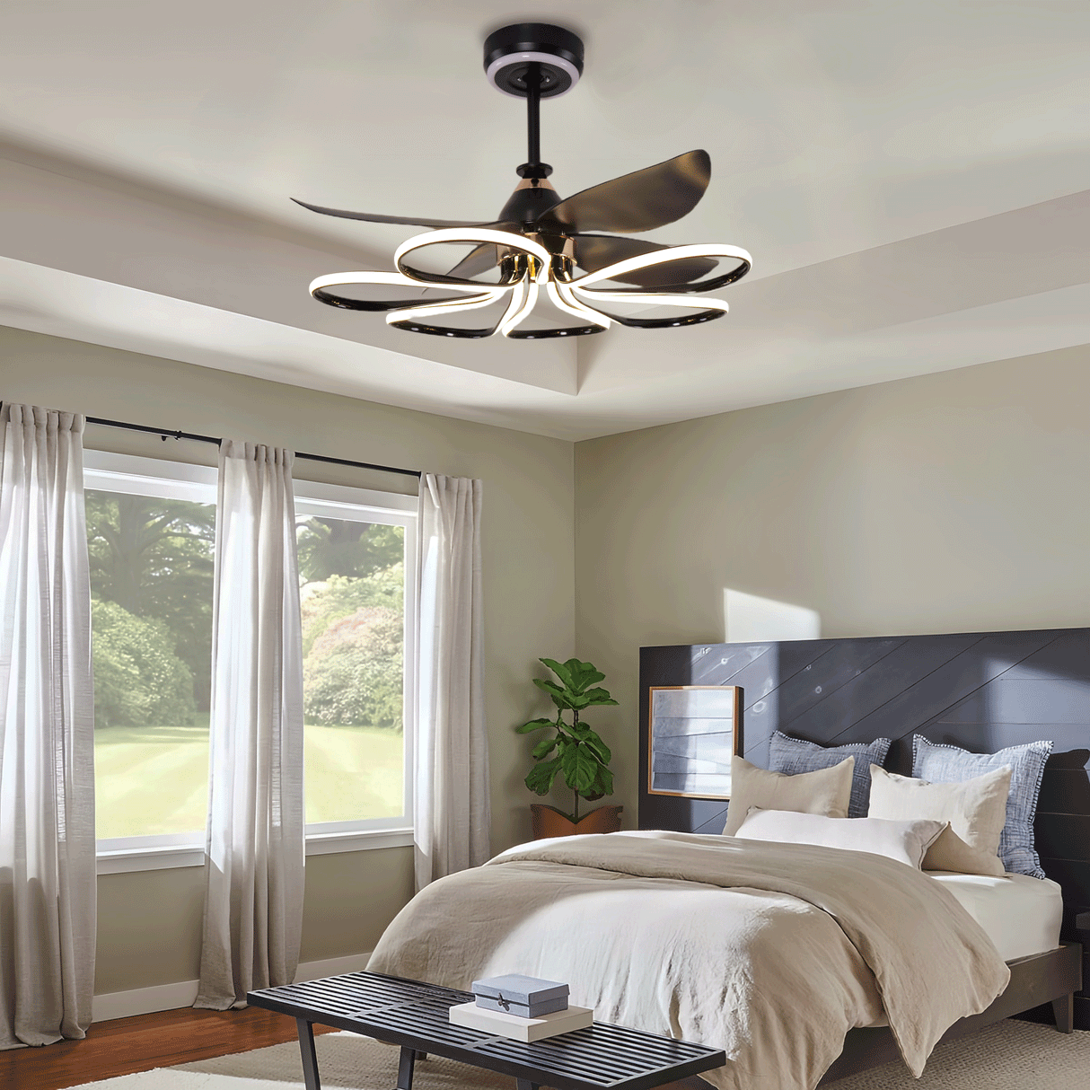 Contemporary Aluminum Black Ceiling Fan with Light for Living Rooms