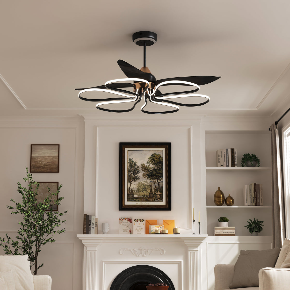 36-inch Black Modern Petal LED Ceiling Fan with Light - 6-Speed with Remote Control