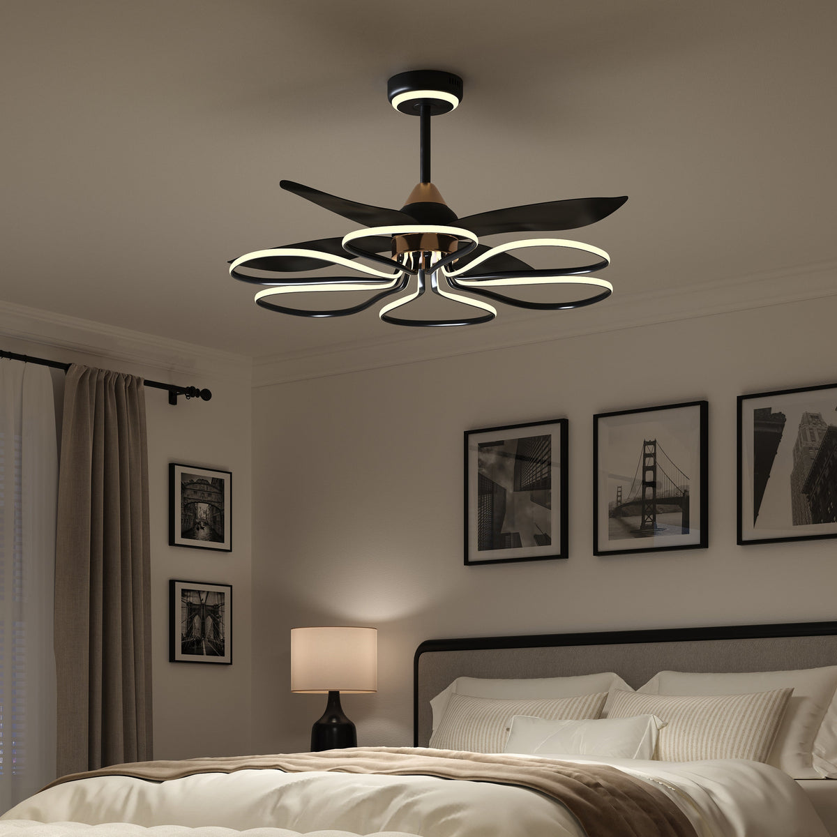 36-inch Black Modern Petal LED Ceiling Fan with Light - 6-Speed with Remote Control