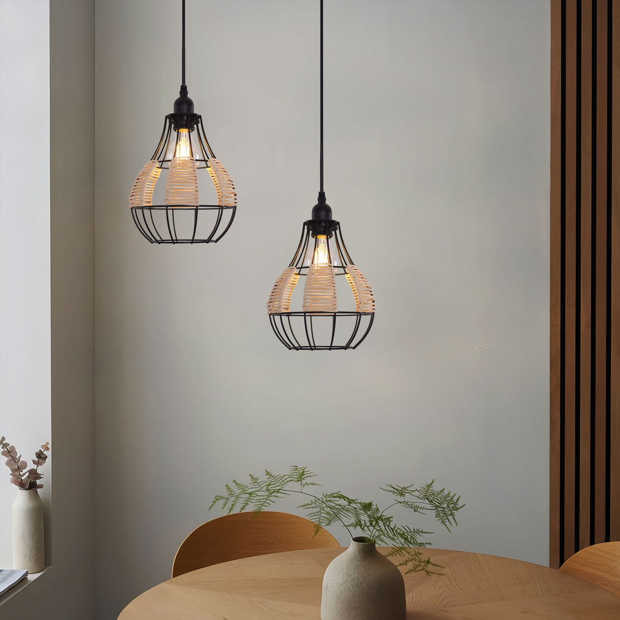 Rustic Iron Woven Rattan Pendant Light for Dining Room, Reading Corner & Bedroom