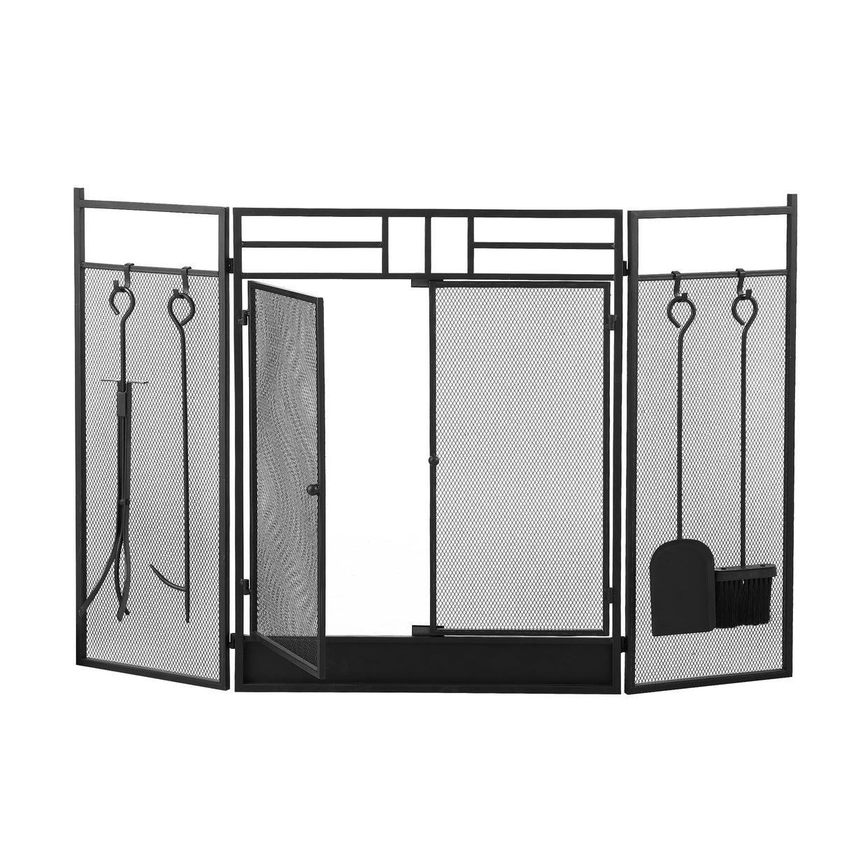 Iron Fireplace Screen with 4-Piece Tool Set Black Powder Coated – 122x1.3x80cm