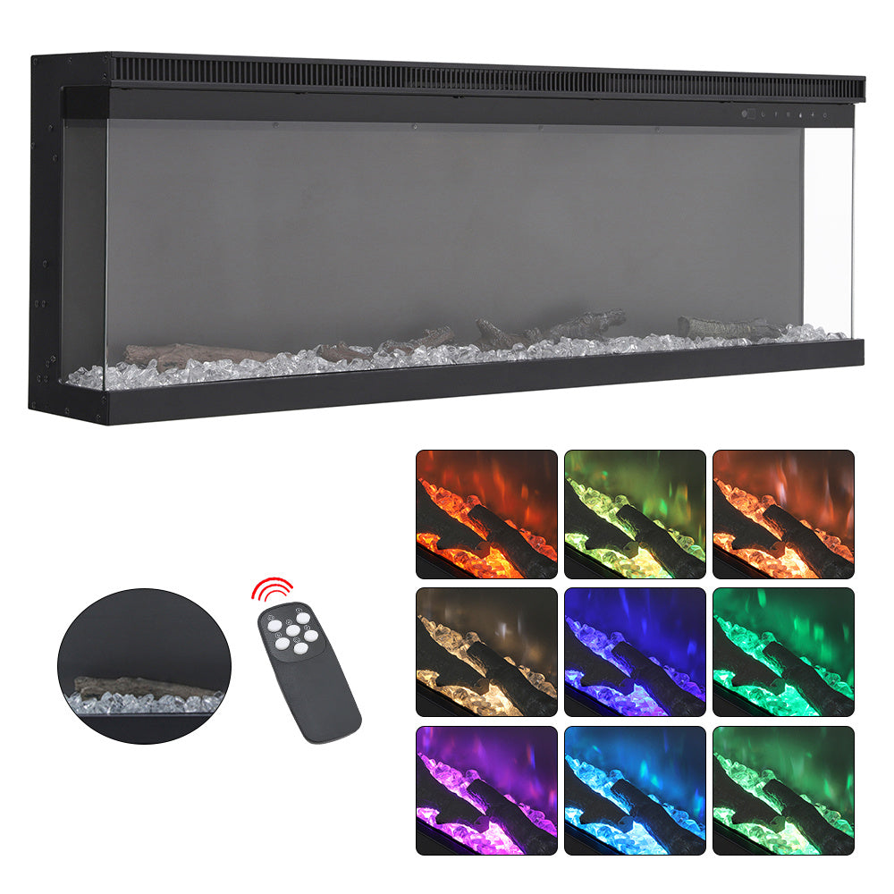 Panoramic 2/3-Sided Electric Fireplace Insert with Crystal Stones