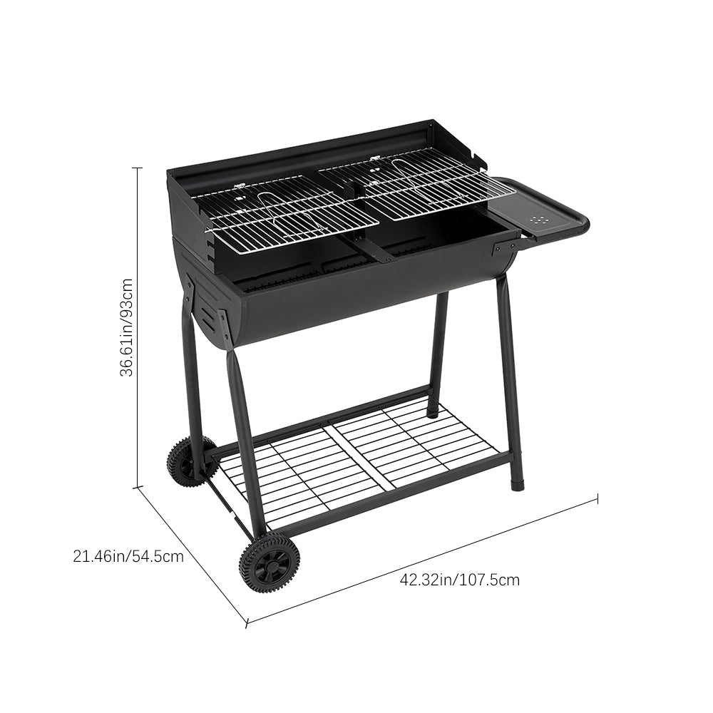 Outdoor Garden Charcoal BBQ Grill with Adjustable Trays and Wheels