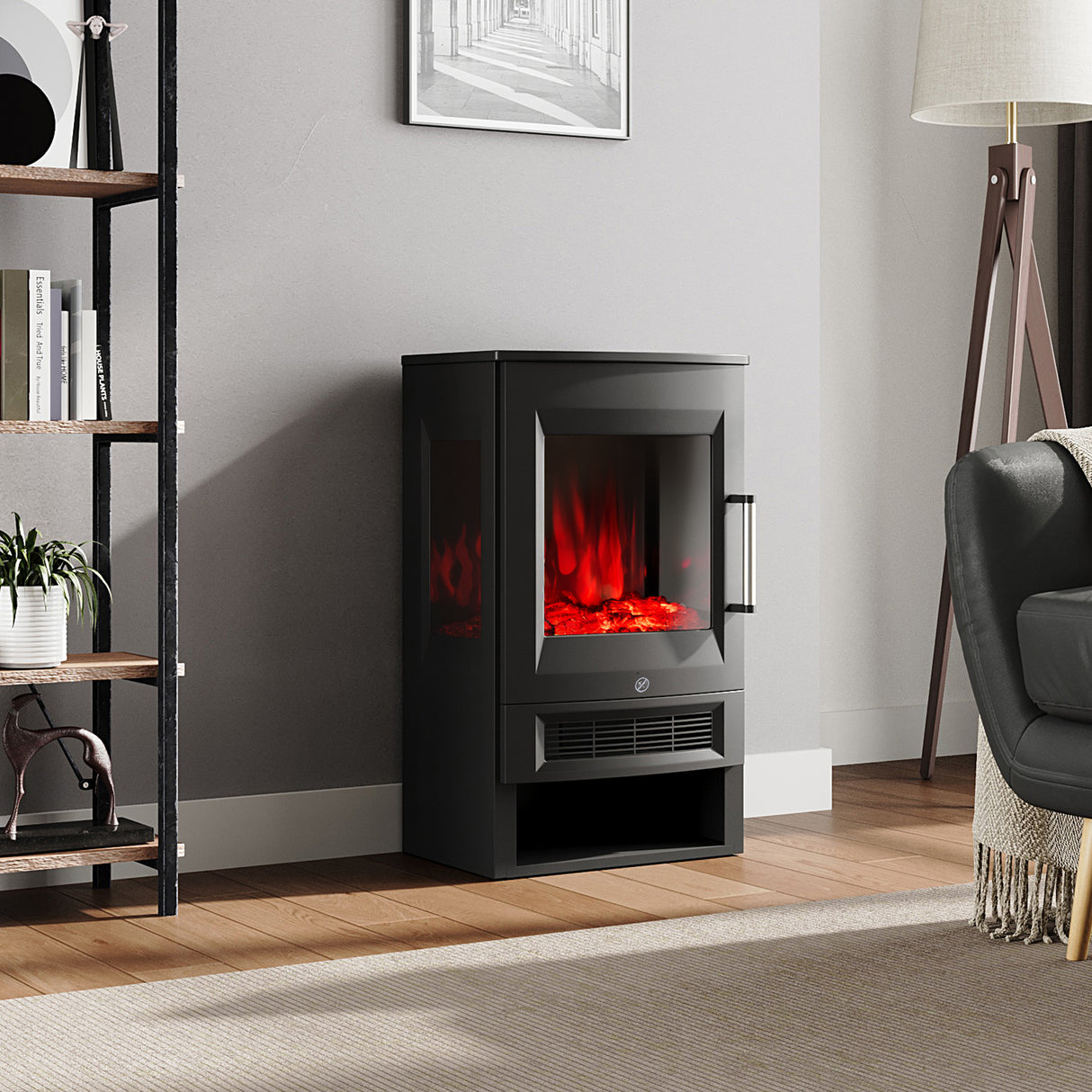 3-Sided Freestanding Electric Fireplace with Remote Control – Black, 900/1800W, Adjustable LED Flame & Temperature