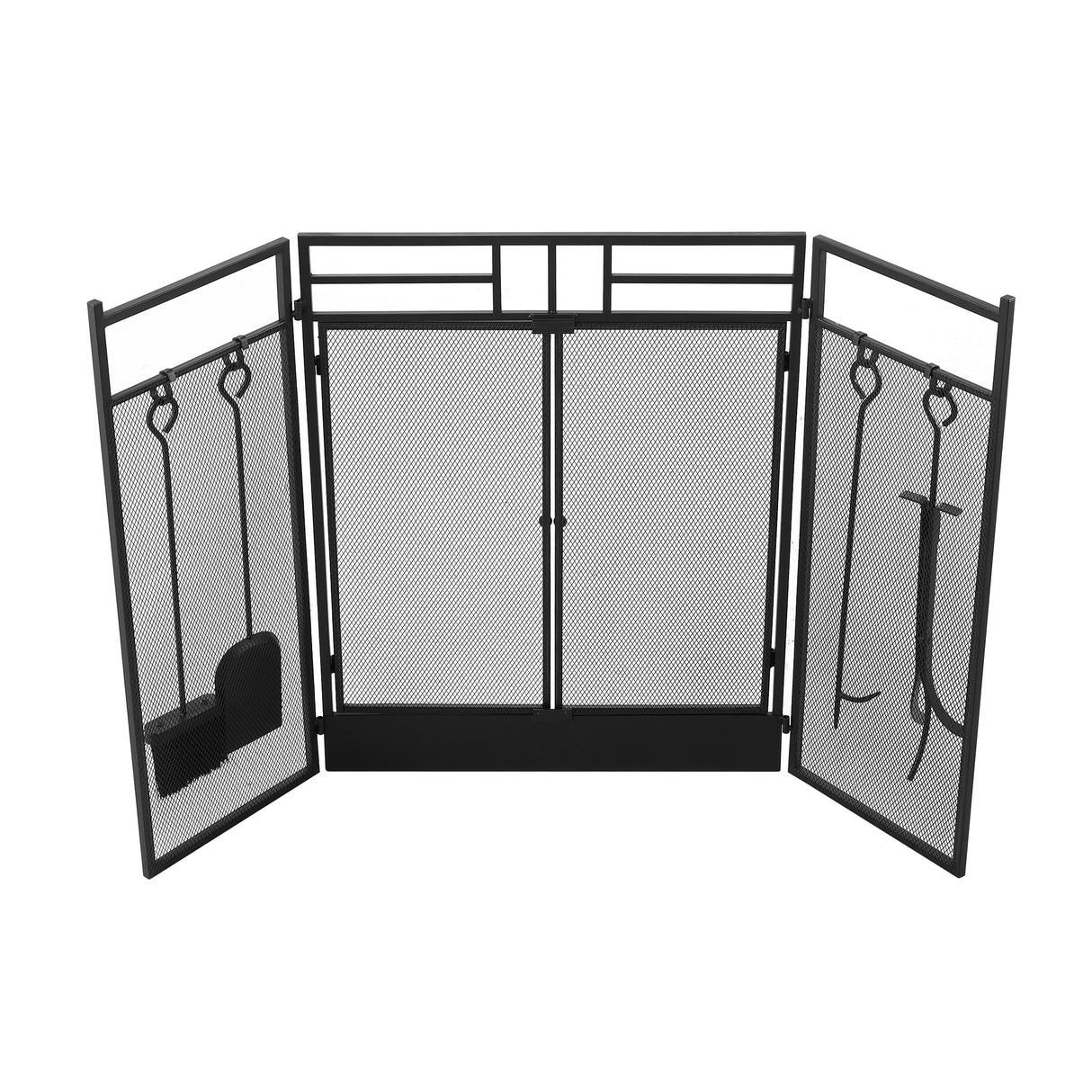 Iron Fireplace Screen with 4-Piece Tool Set Black Powder Coated – 122x1.3x80cm