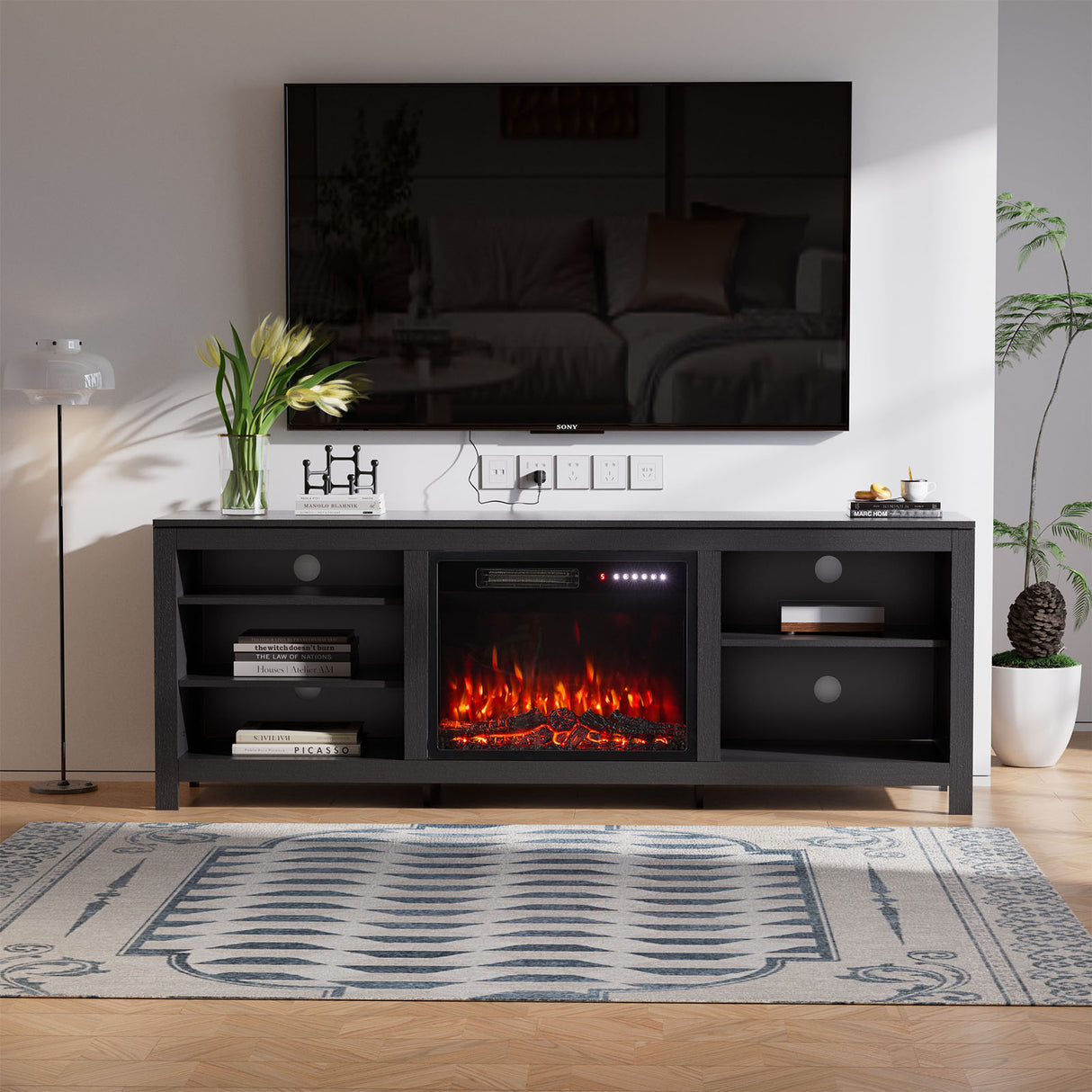 Large Electric Fireplace TV Stand with 23Inch Fireplace | 12 Flame Colours, Remote Control
