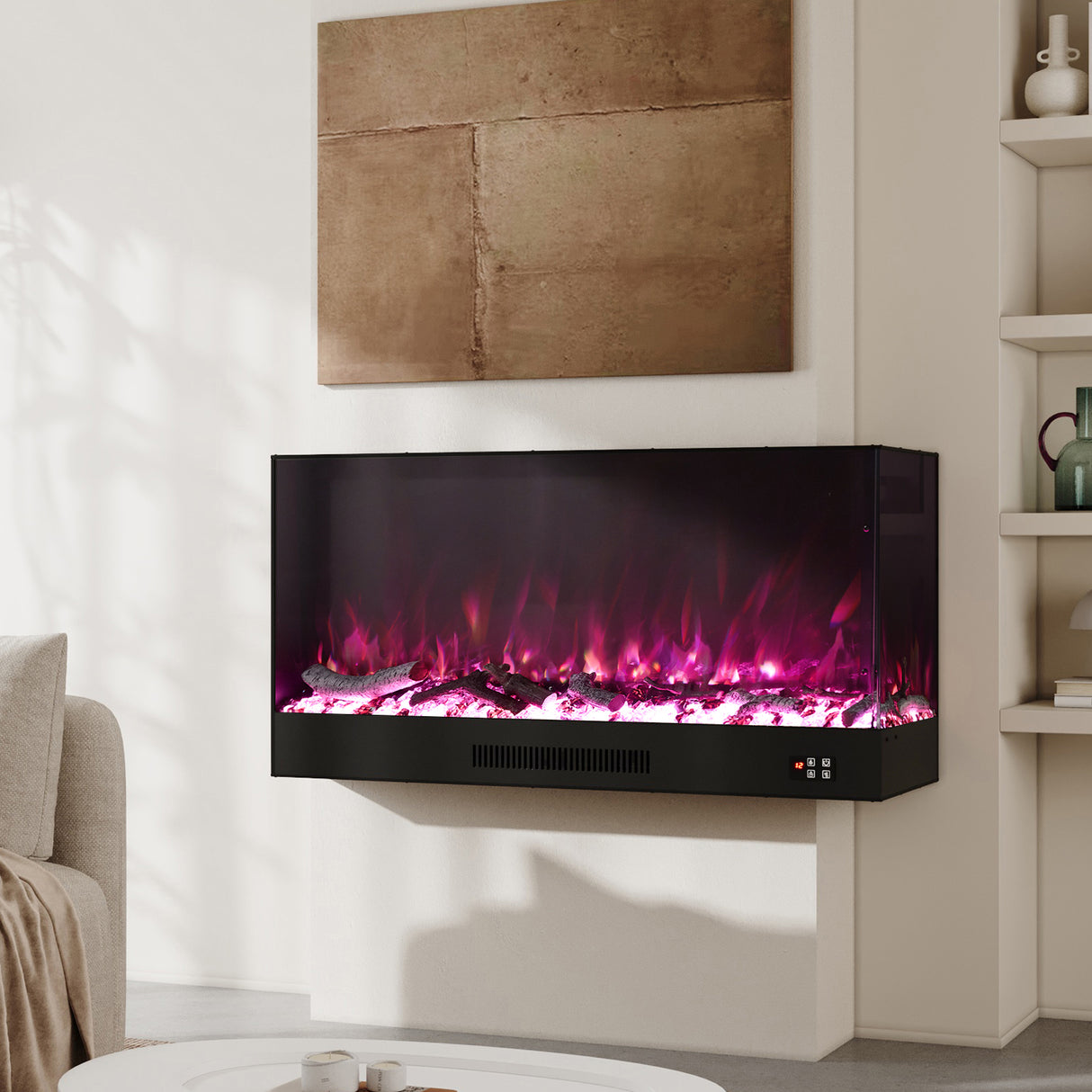 46/60inch L-Shaped Electric Fireplace – WiFi Control, LED Display, Resin Logs & Crystal Stones with Heating