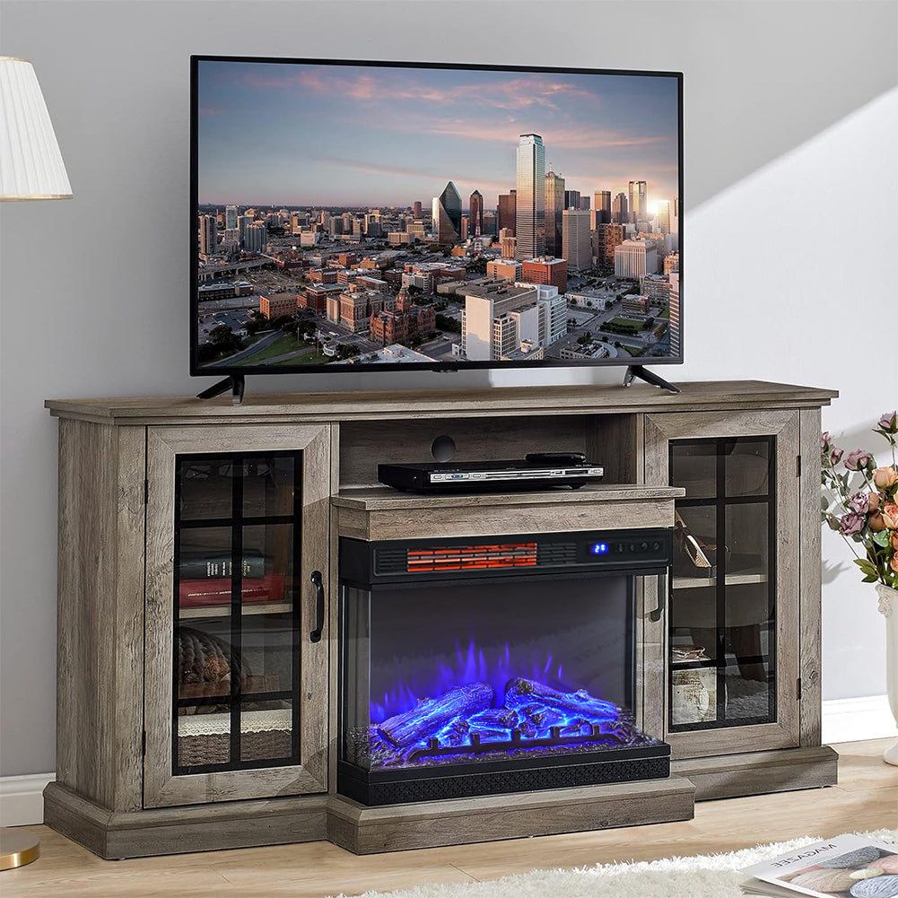 Panoramic Glass Fireplace TV Stand with Storage Cabinets, Customizable Flames & Remote Control