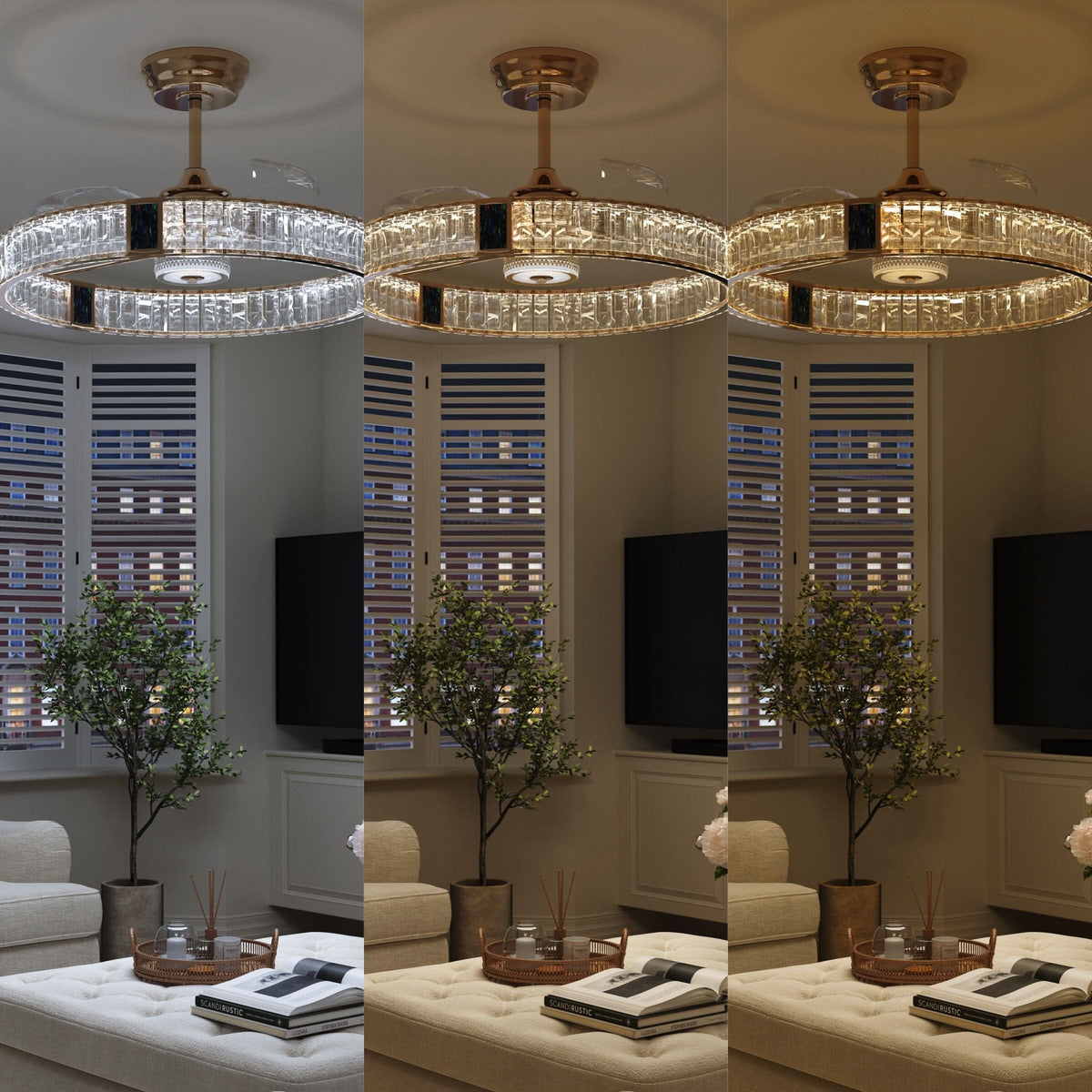 60cm gold crystal ceiling fan light with reversible airflow and 6 speeds