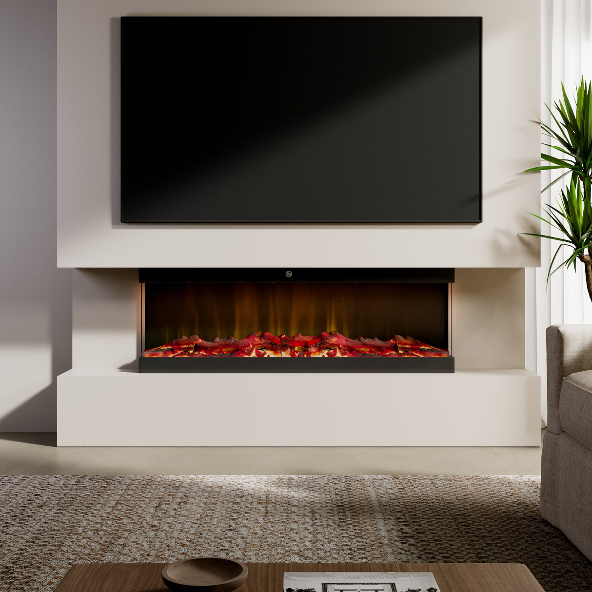 42/48/56/72inch 3-Sided Black/White Electric Fireplace with Remote Control, WiFi Function, Adjustable LED Flames and Heating Modes