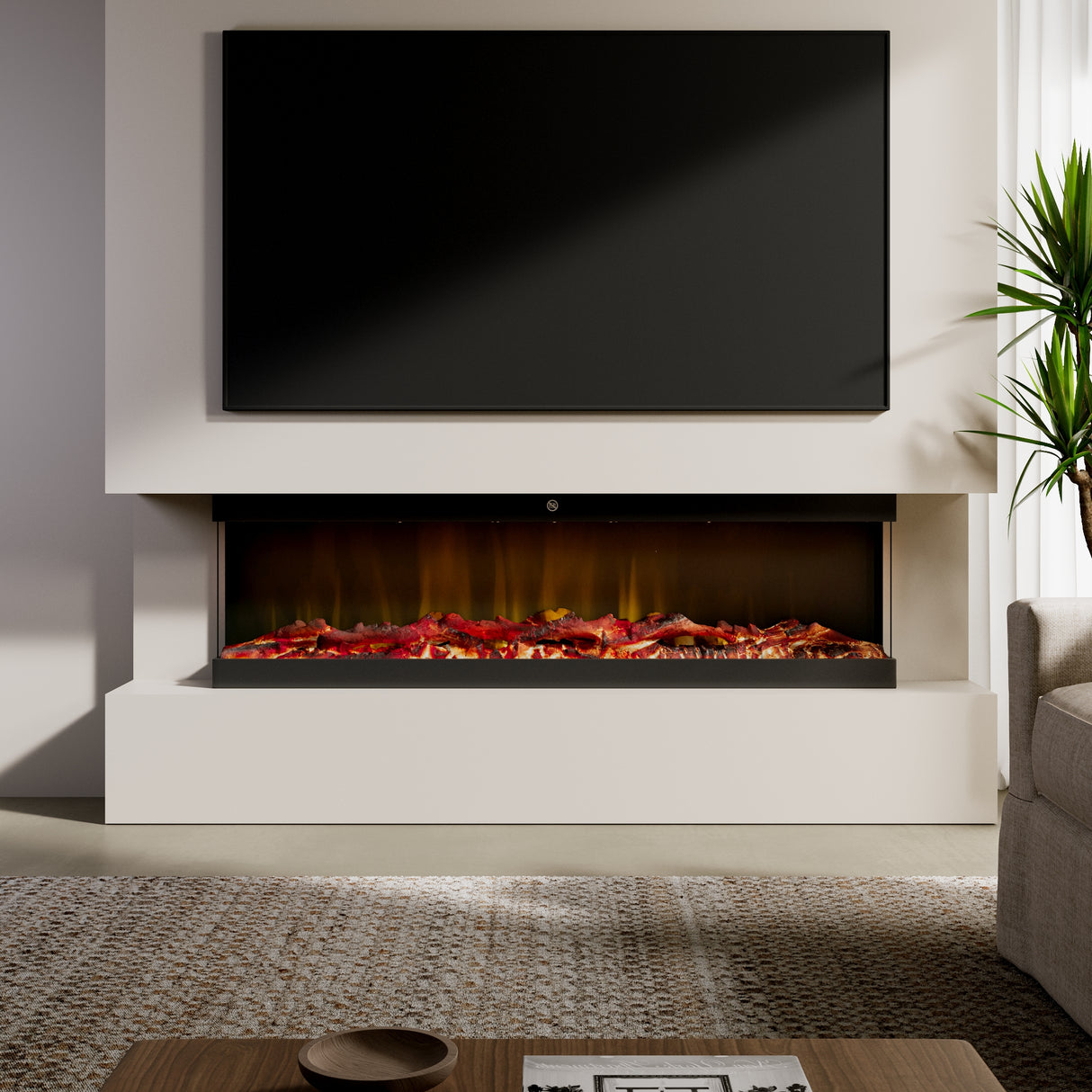 42/48/56/72inch 3-Sided Black/White Electric Fireplace with Remote Control, WiFi Function, Adjustable LED Flames and Heating Modes