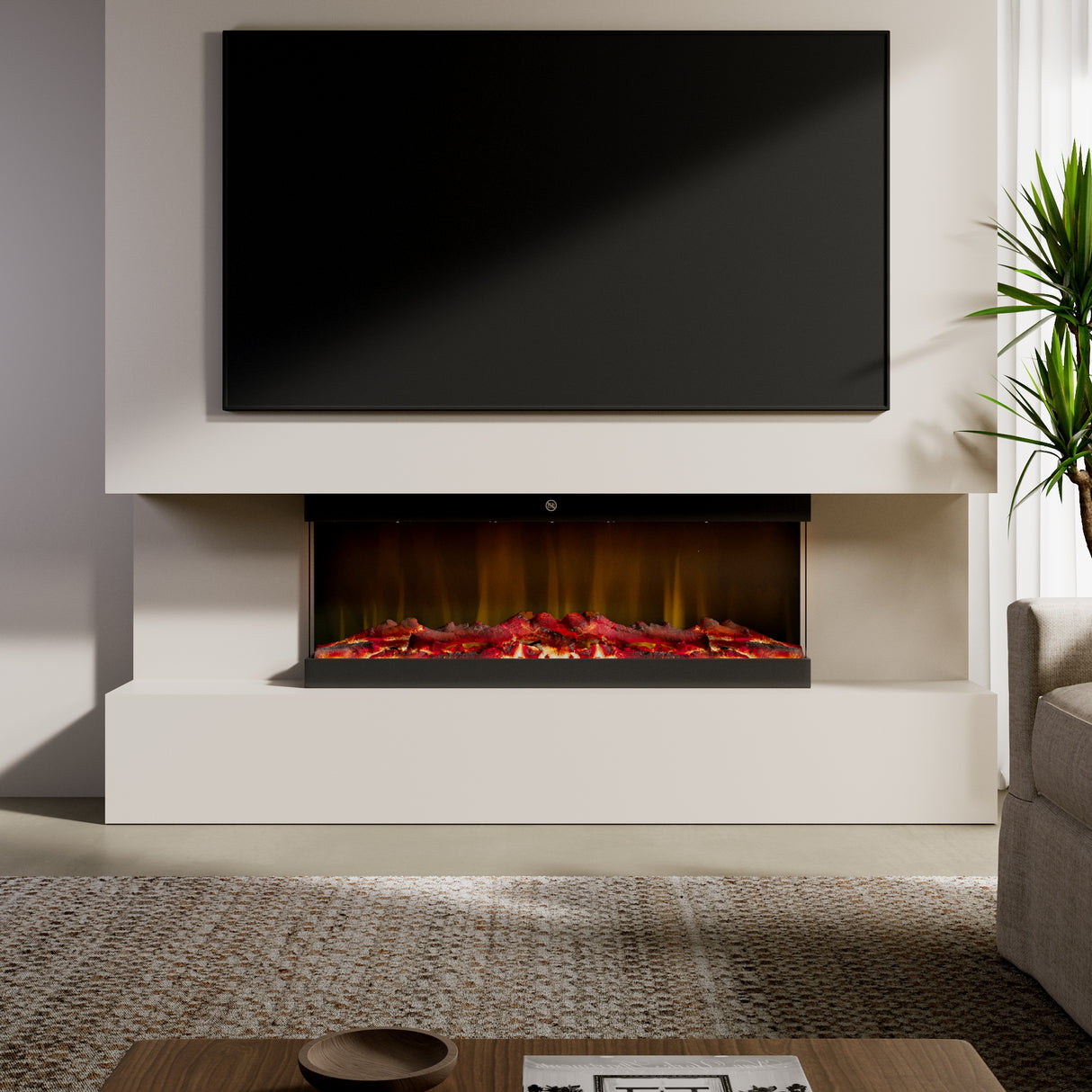 42/48/56/72inch 3-Sided Black/White Electric Fireplace with Remote Control, WiFi Function, Adjustable LED Flames and Heating Modes