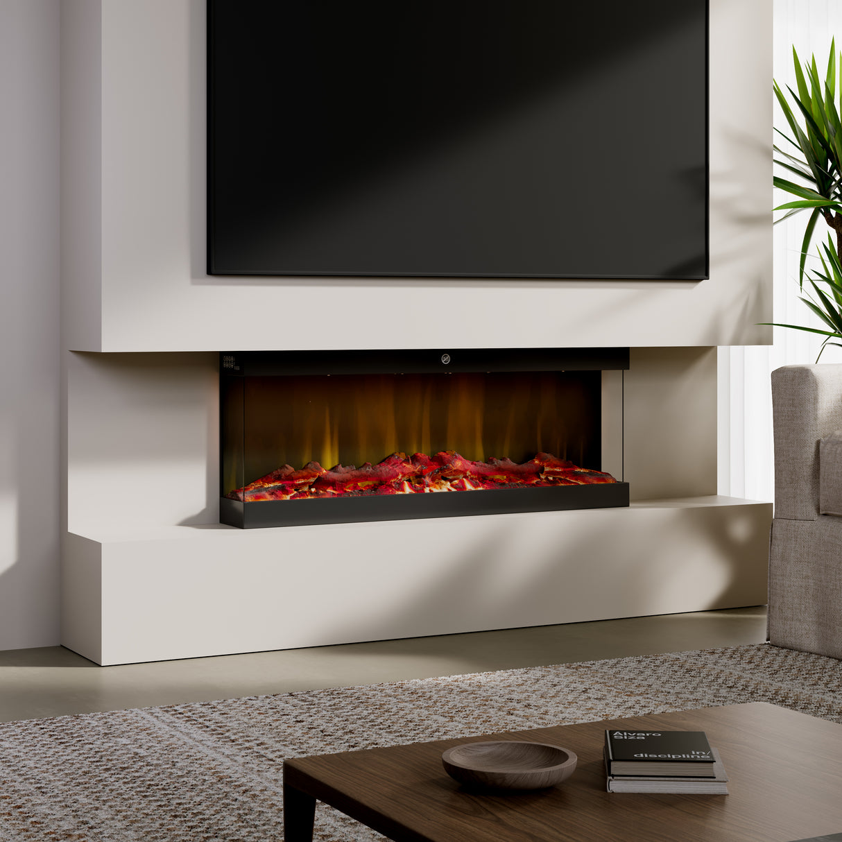 42/48/56/72inch 3-Sided Black/White Electric Fireplace with Remote Control, WiFi Function, Adjustable LED Flames and Heating Modes