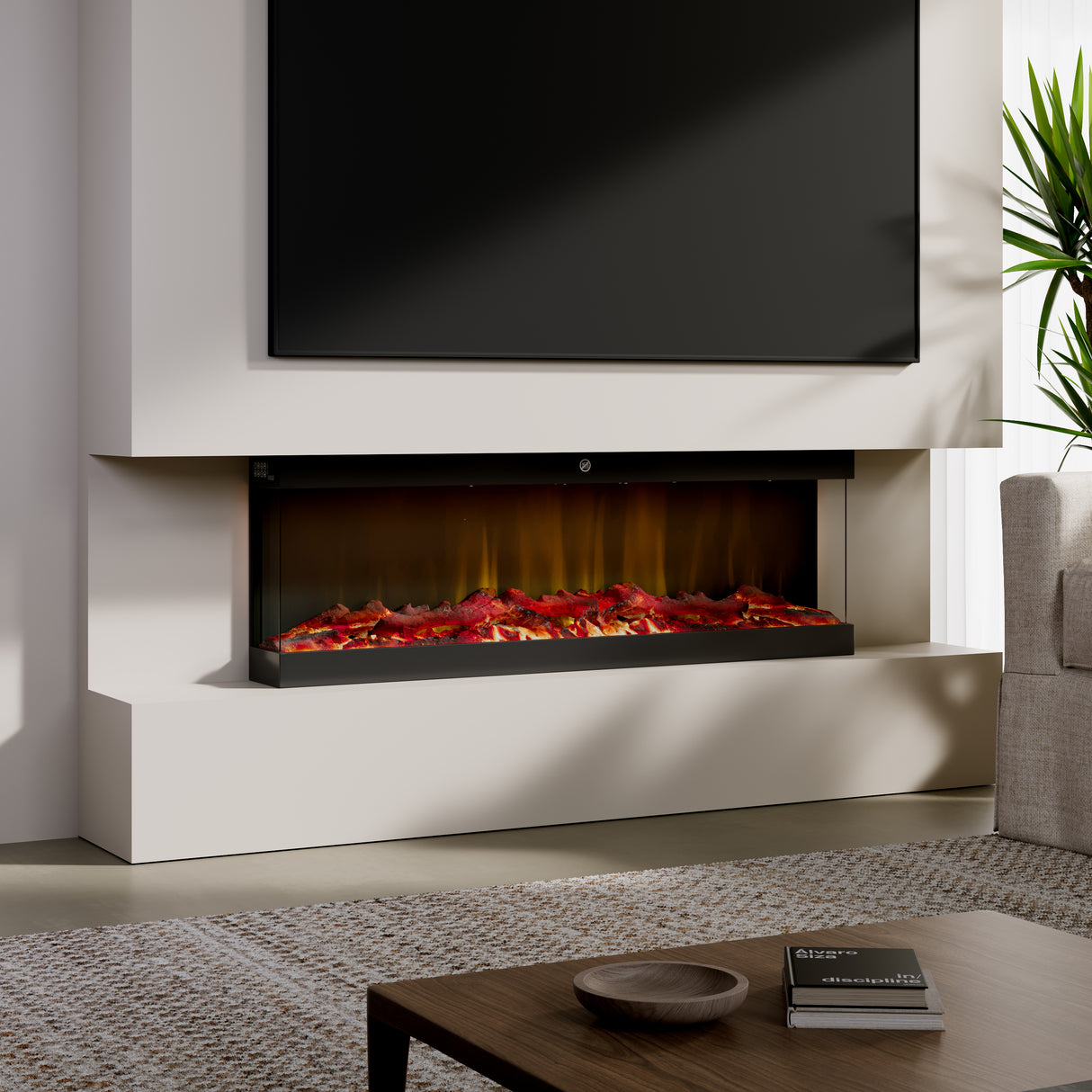 42/48/56/72inch 3-Sided Black/White Electric Fireplace with Remote Control, WiFi Function, Adjustable LED Flames and Heating Modes