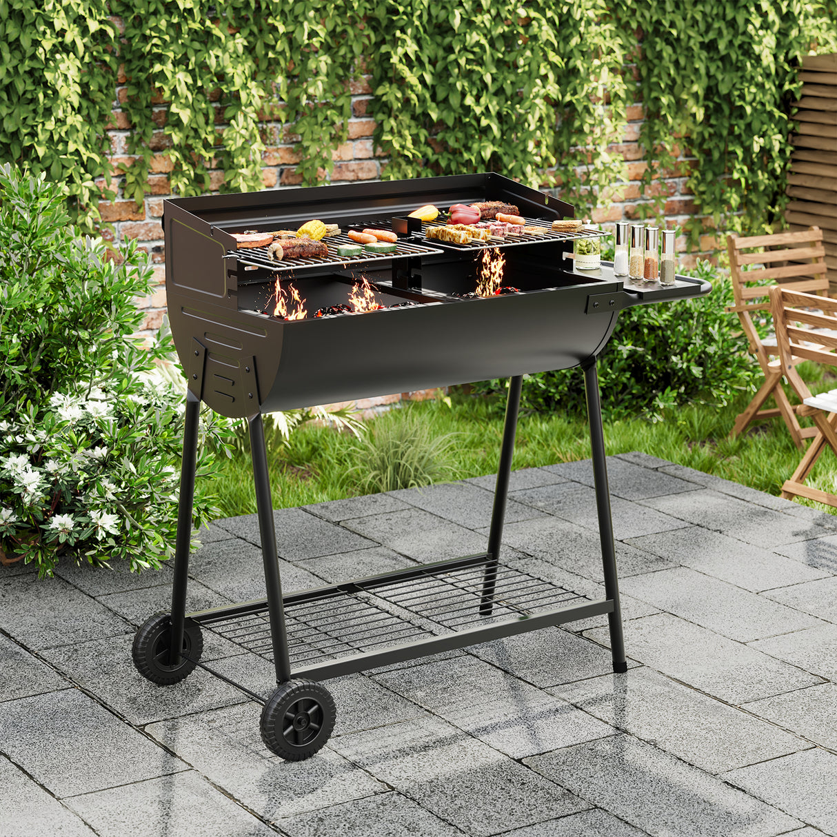 Outdoor Garden Charcoal BBQ Grill with Adjustable Trays and Wheels
