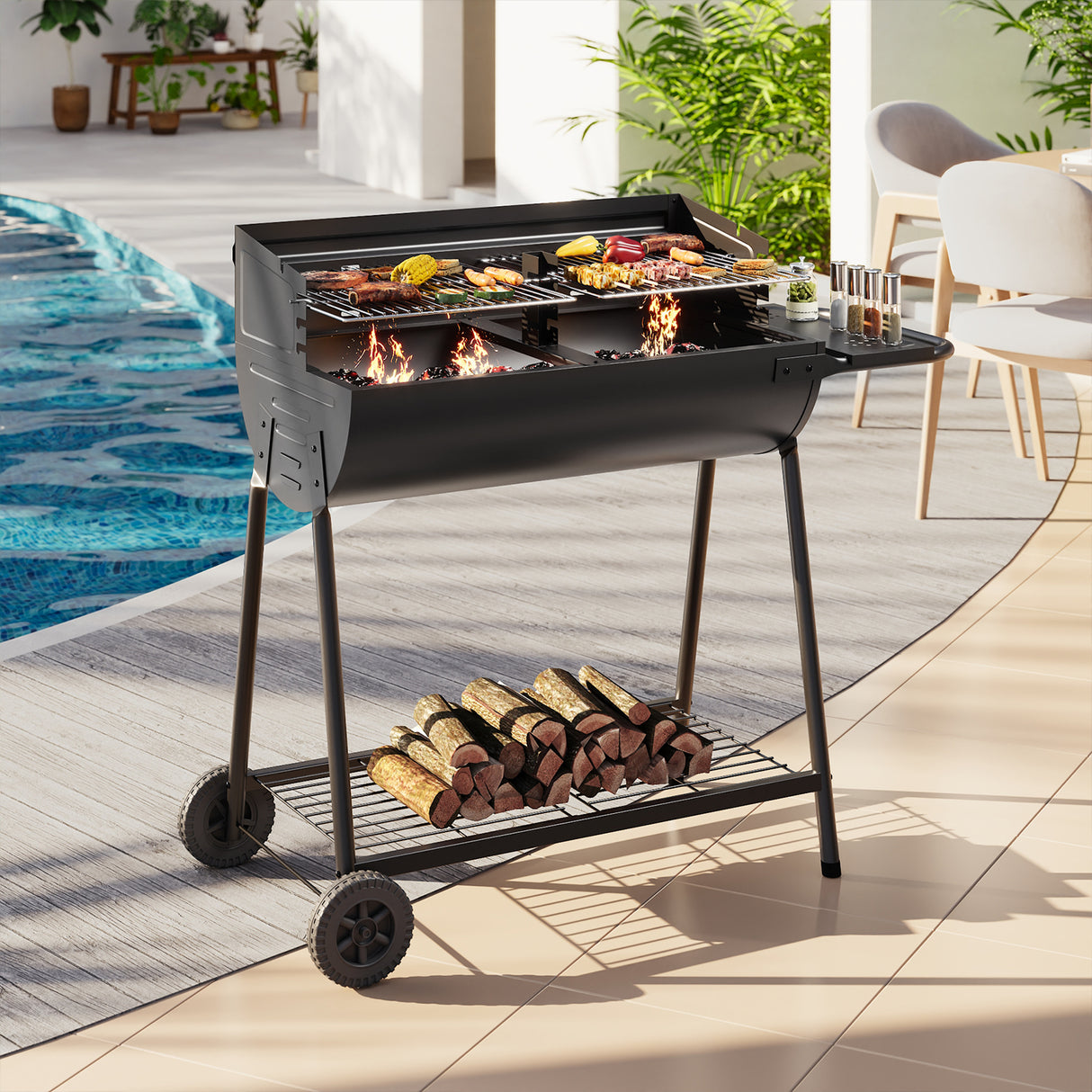 Outdoor Garden Charcoal BBQ Grill with Adjustable Trays and Wheels
