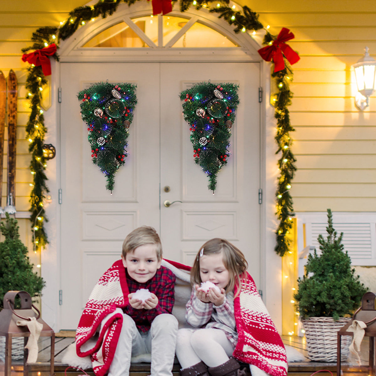 60cm Pre-Lit Christmas Teardrop Swag with Pinecones, Berries, and LED Lights – Holiday Door and Wall Decoration