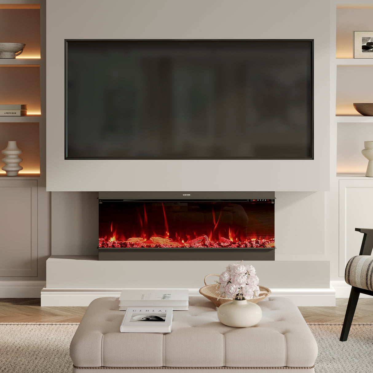 50/60/70/80inch 3-sided Electric Fireplace with Adjustable Color, Temperature and Timing, Controlled by APP