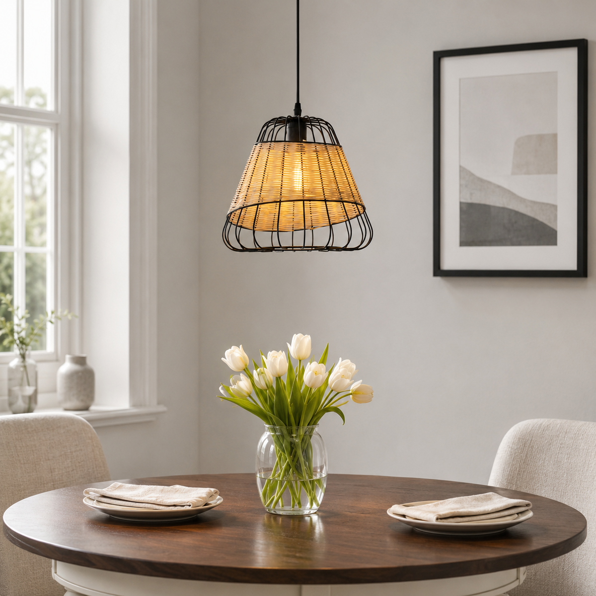 Rustic Iron Woven Rattan Pendant Light for Dining Room, Reading Corner & Bedroom