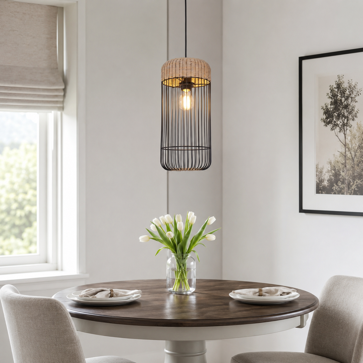 Rustic Iron Woven Rattan Pendant Light for Dining Room, Reading Corner & Bedroom