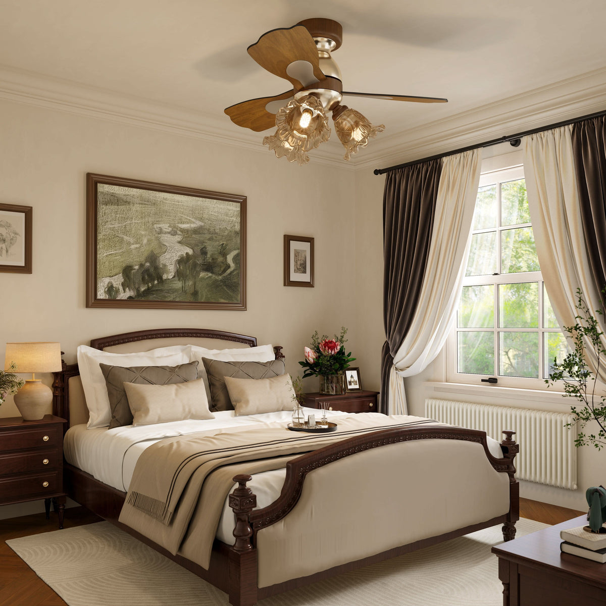 36 inch reversible ceiling fan with LED light shown from below with LED light on