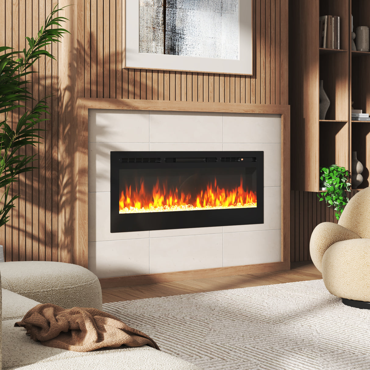 36/40/50/60inch Built-in Electric Fireplace with LED Display, Realistic Flame Effect with Logs and Crystal