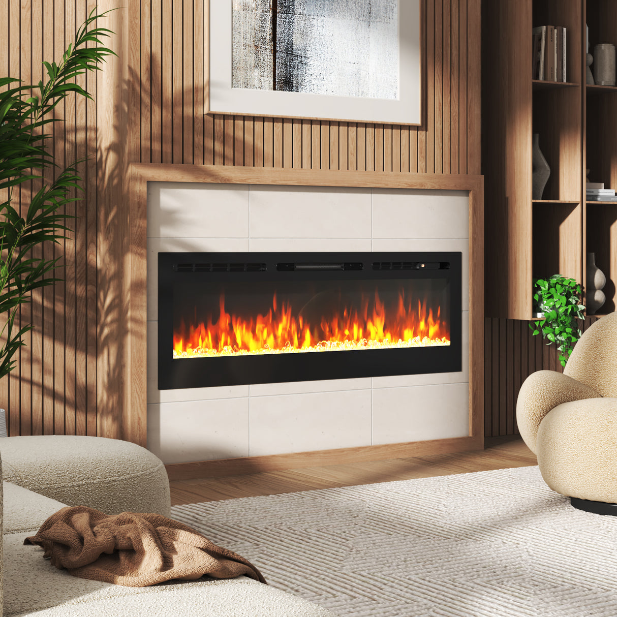 36/40/50/60inch Built-in Electric Fireplace with LED Display, Realistic Flame Effect with Logs and Crystal